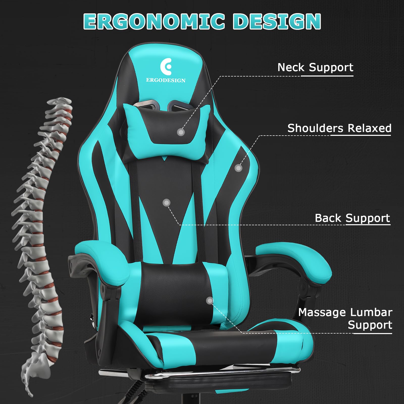Ergonomic Gaming Chair with Adjustable Linkage Armrest & Retractable Footrest - High Back Racing Style Video Game Chair for PC & Console Gamers - Black & Light Blue - Perfect for Esports, Streaming & Long Gaming Sessions