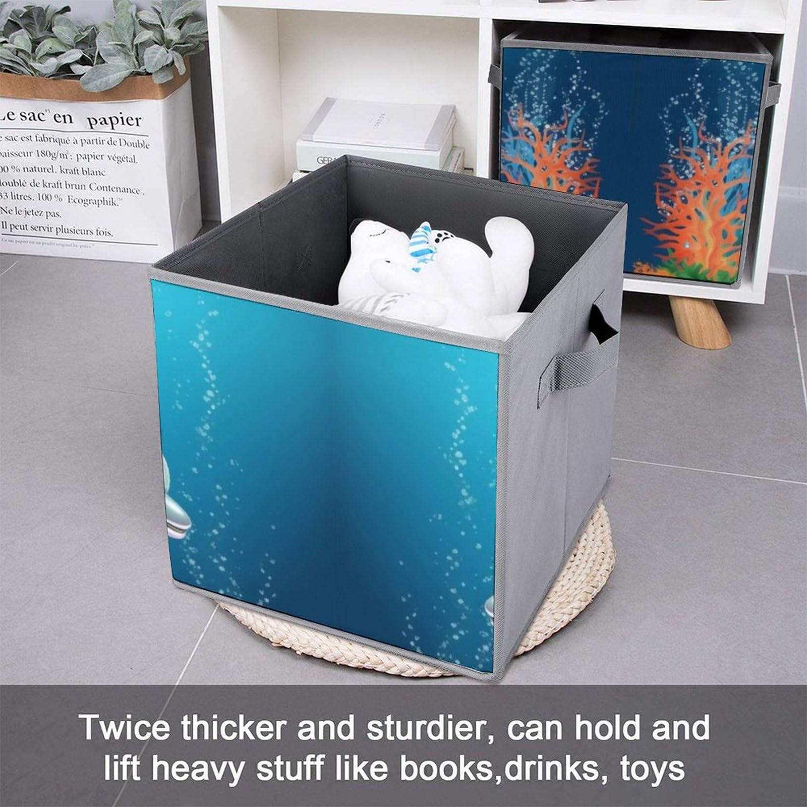 6-Pack Collapsible Storage Bins with Handles - Dolphin & Fish Pattern Storage Baskets for Closet, Clothing, Toys Organization - Space Saving Home & Office Organizer for Bedroom, Kids Room, Laundry