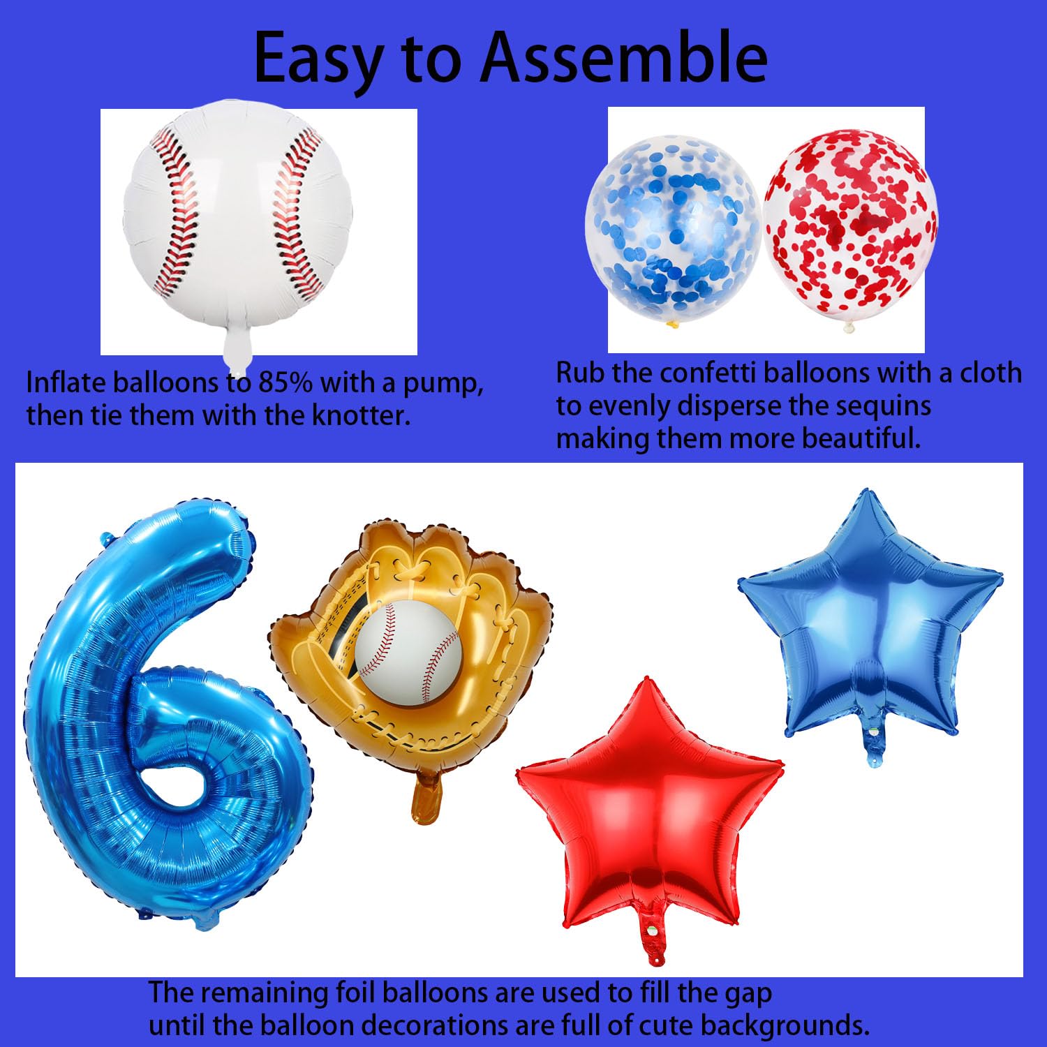 Baseball Balloon Set - 9Pcs Baseball Glove & Number 6 Balloons with Red Blue Stars & Confetti for Boys Birthday Party Decorations | Perfect for Baseball Themed Birthday Parties, Baby Showers, and Sports Decor