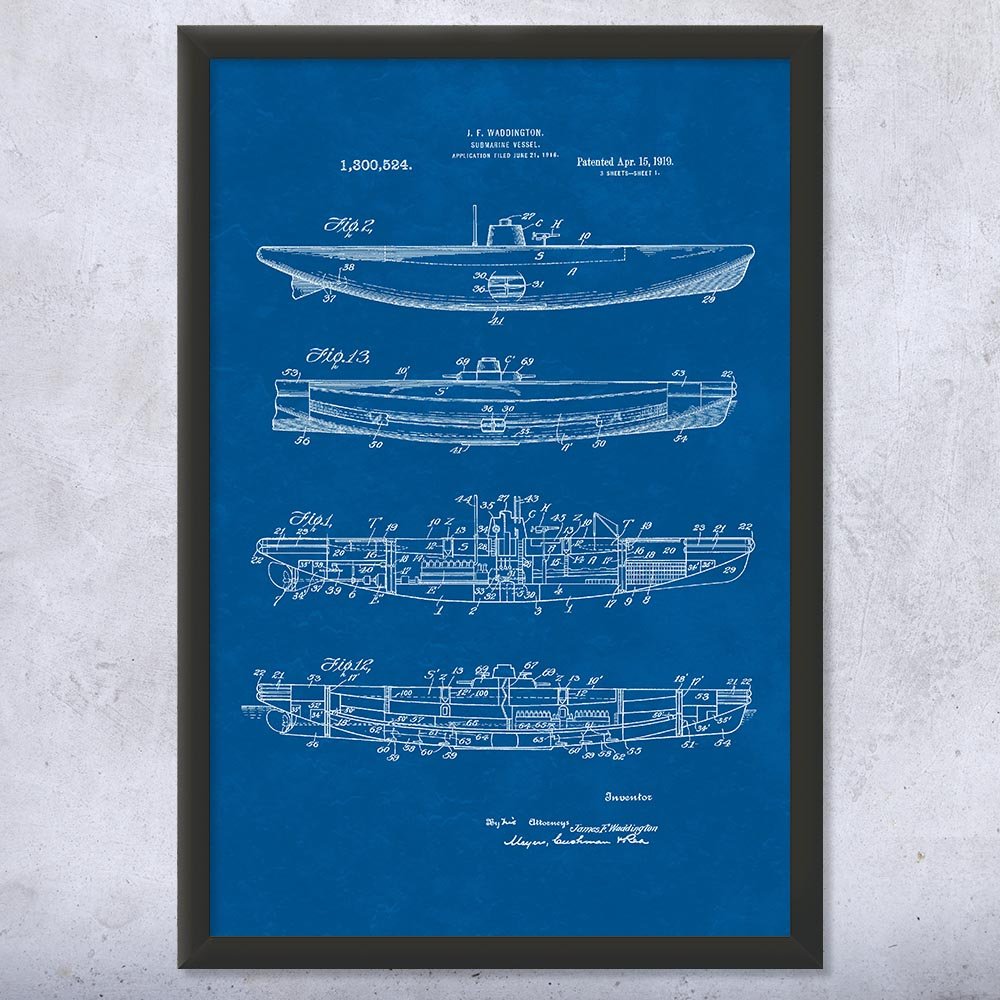 11x14 Framed Submarine Blueprint Print - Navy & Sailor Gift, Boating Wall Art, Ship Captain Present - Perfect for Home Office, Man Cave, or Nautical Themed Decor