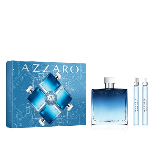 Azzaro Chrome Eau de Parfum 3-Piece Holiday Gift Set for Men - Fougère, Aromatic & Woody Cologne (3.4 oz + 0.34 oz Travel Size + Sample) - Perfect for Christmas, Birthday & Anniversary Gifts - Premium Fragrance Set with Long-Lasting Scent