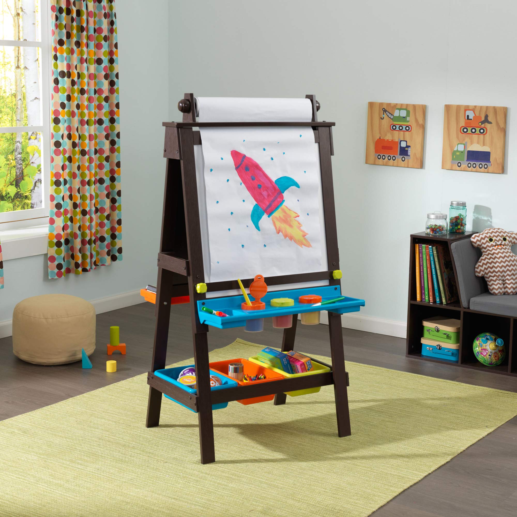 KidKraft Wooden Storage Easel with Dry Erase & Chalkboard - Kids Art Station for Drawing & Learning - Espresso Children's Furniture - Perfect Gift for 3+ Year Olds - Ideal for Playroom, Classroom & Homeschool Activities