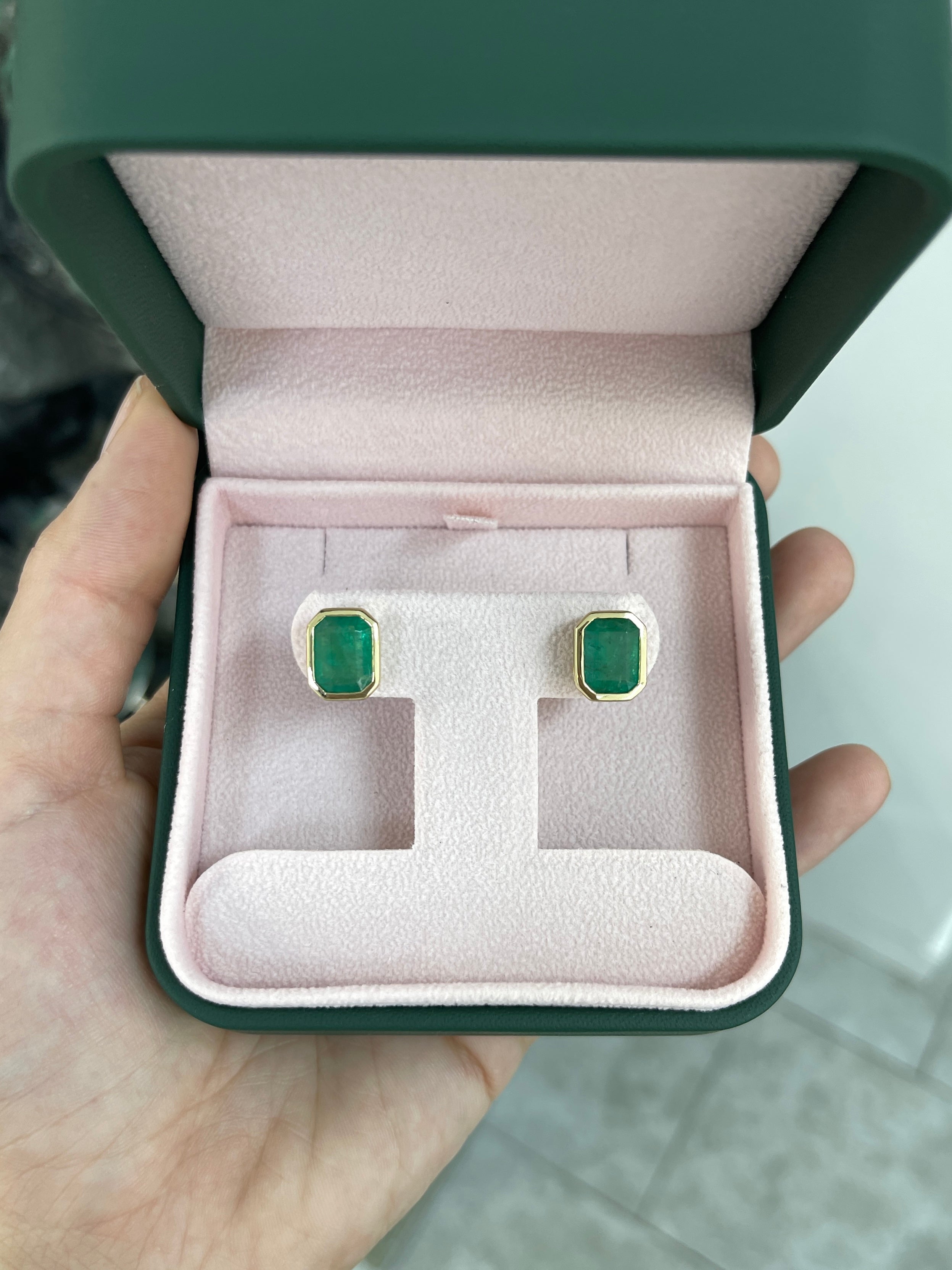 6.0tcw Natural Emerald Stud Earrings in 18K Gold Bezel Setting - Elegant Jewelry for Women, Perfect for Weddings, Parties & Daily Wear