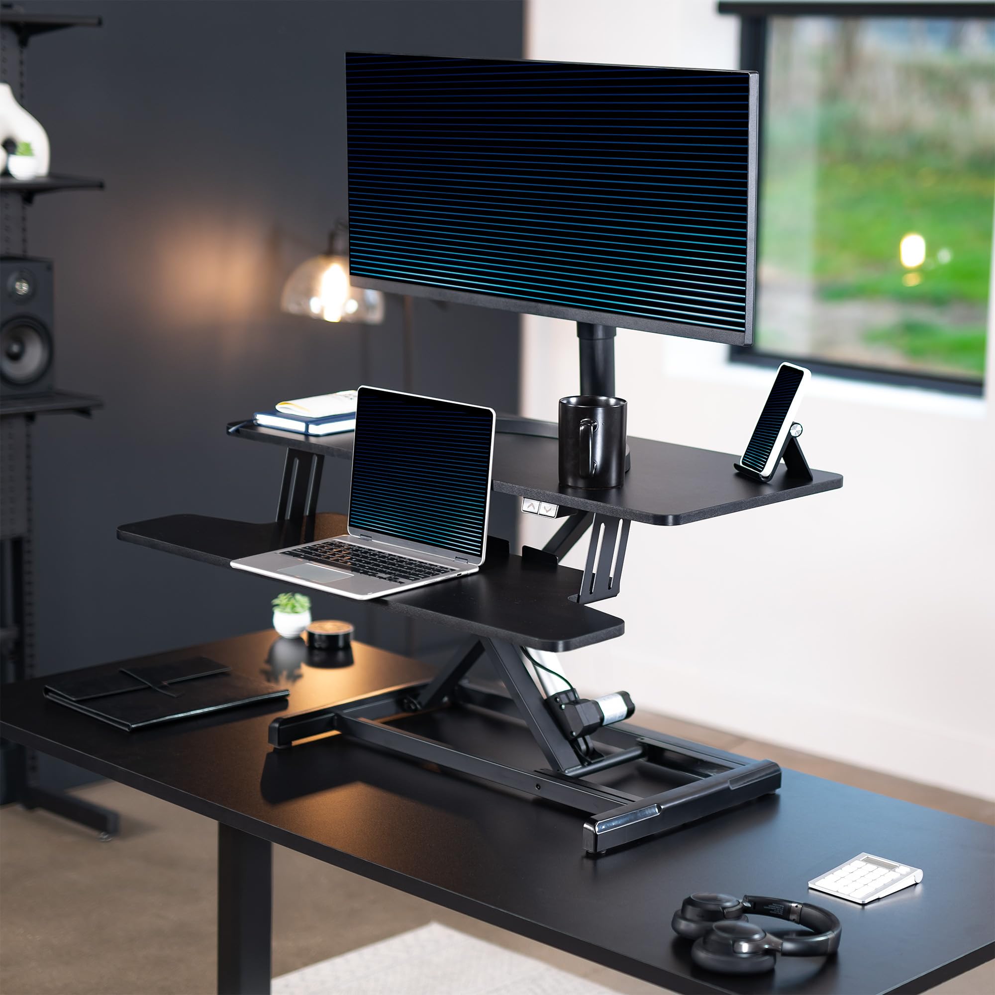 VIVO 36 Inch Electric Height Adjustable Standing Desk Converter - Sit Stand Dual Monitor & Laptop Workstation with Wide Keyboard Tray, Black (DESK-VE36B) - Perfect for Home Office, Gaming Setup & Ergonomic Workspace