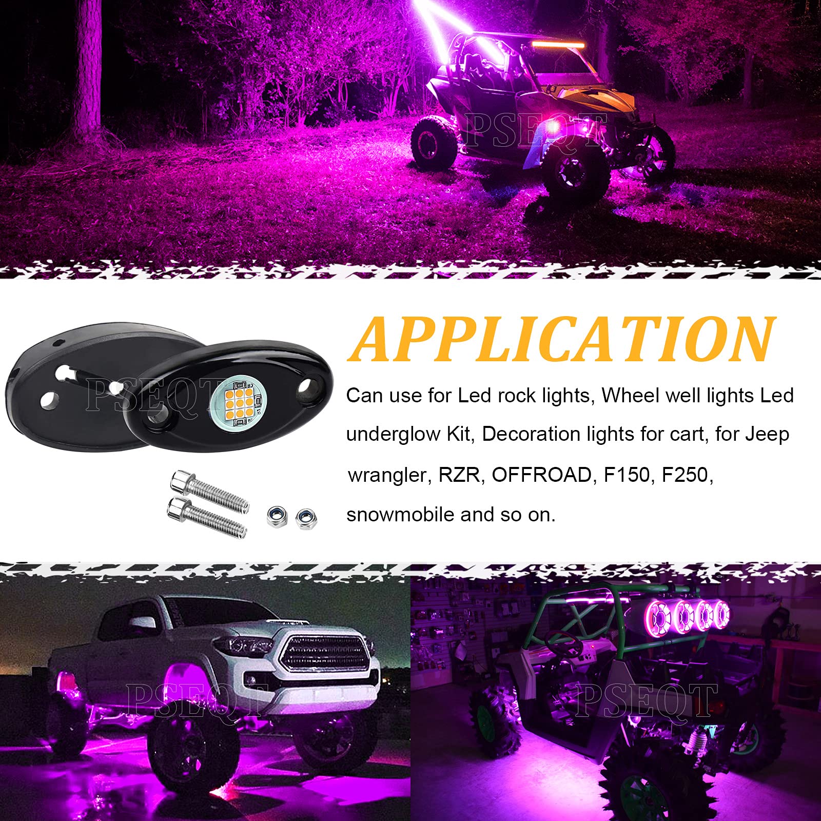 PSEQT 6 Pods LED Rock Lights - Waterproof Neon Underglow Lights for Cars, Trucks, ATV, UTV, SUV, Offroad, Boat | Underbody Glow Kit for Night Driving, Car Shows & Off-Road Adventures