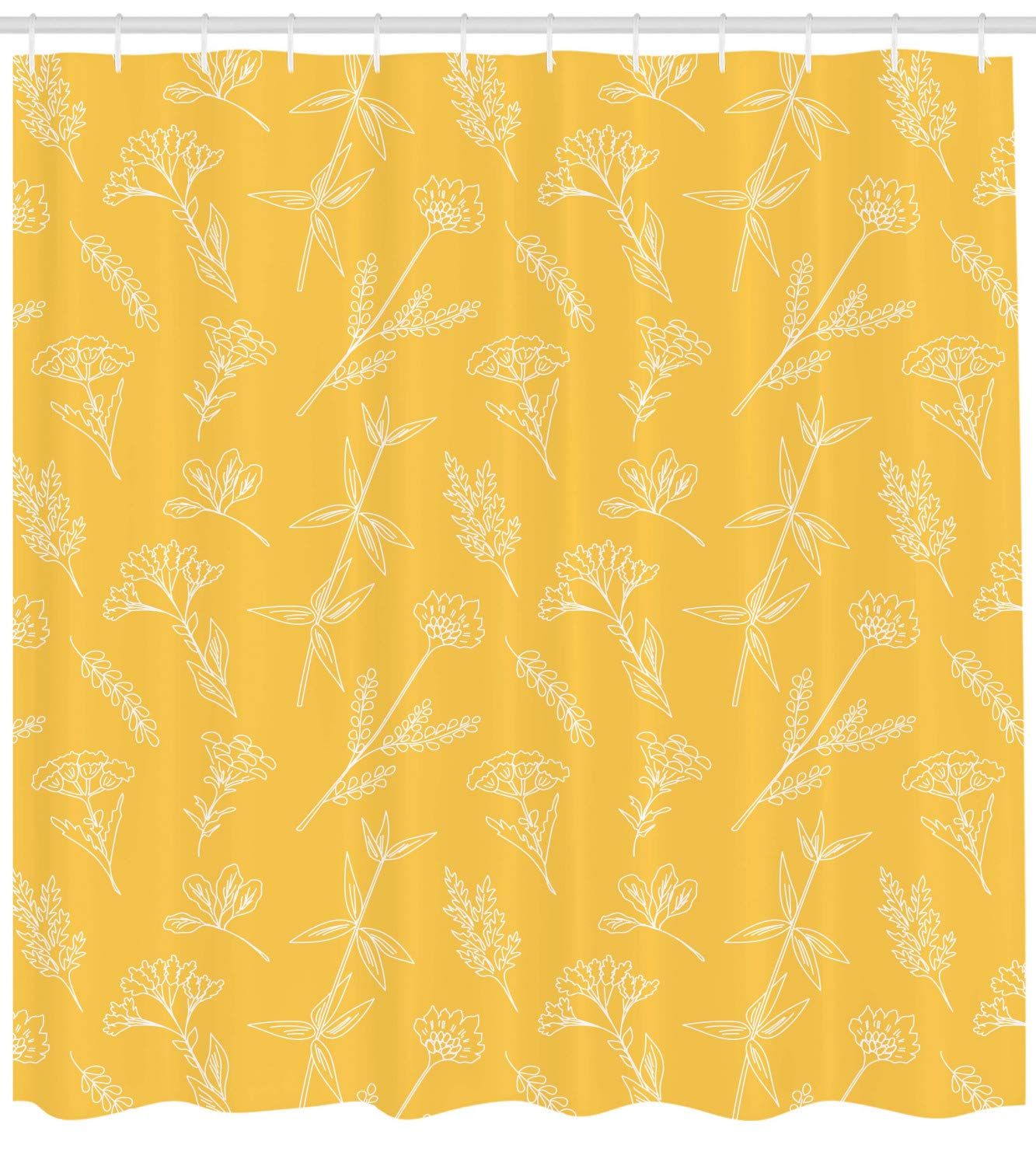 Ambesonne Floral Shower Curtain - Botanical Forest Wildflowers Outline Design, 69x75 Inch Fabric Bathroom Decor with Hooks in Mustard & White | Waterproof, Durable & Stylish for Modern Bathrooms