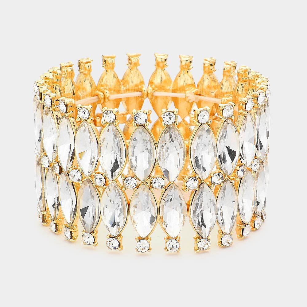Elegant Clear Marquise Stone Stretch Pageant Bracelet in Gold for Women | Formal Events, Prom, Wedding, Evening Wear | 565099
