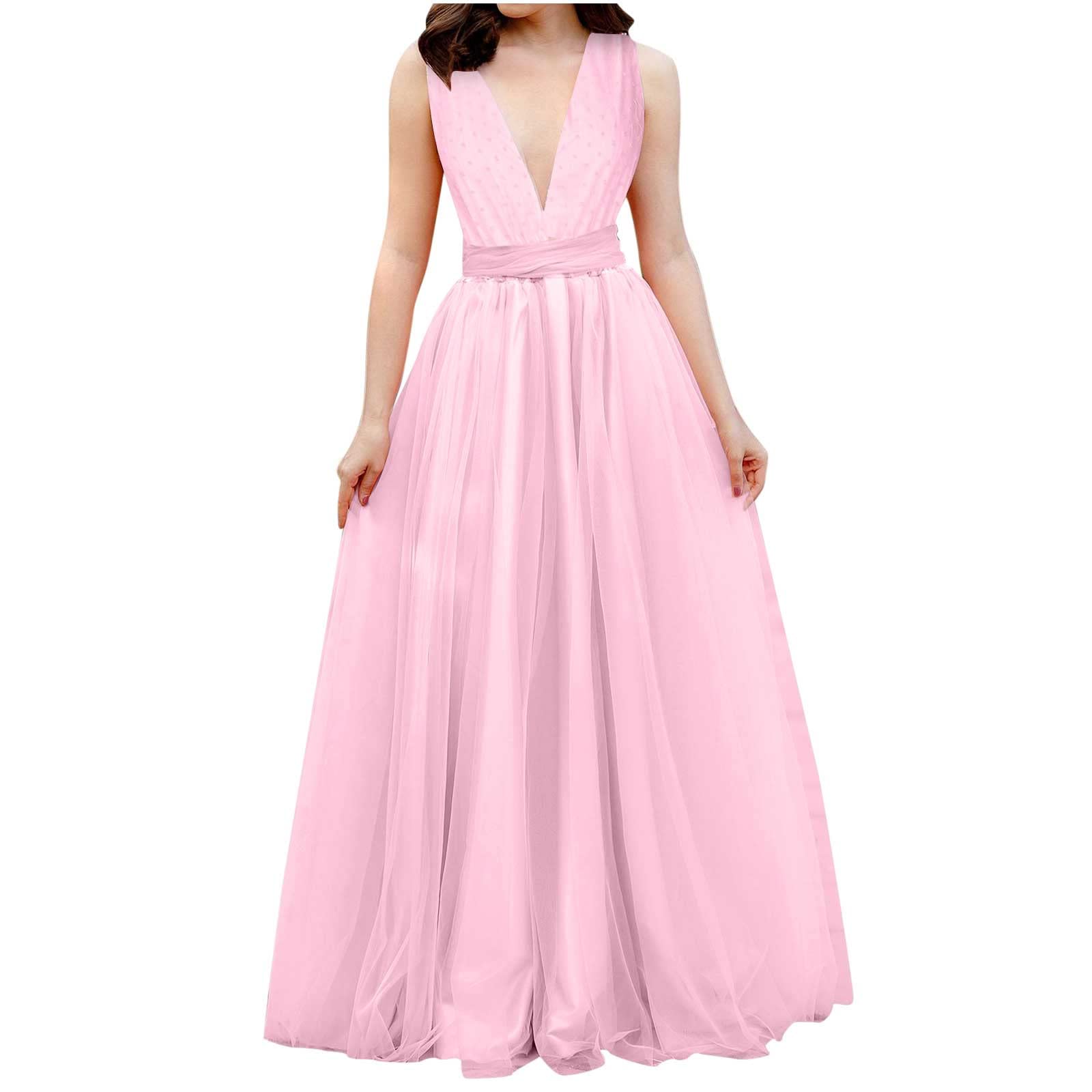 Elegant Women's Formal Evening Gowns for Wedding Guest, Party & Special Occasions - Sleeveless Backless V-Neck Halter Tulle Maxi Dress with Bow Detail | Perfect for Cocktail Parties, Galas, and Black Tie Events
