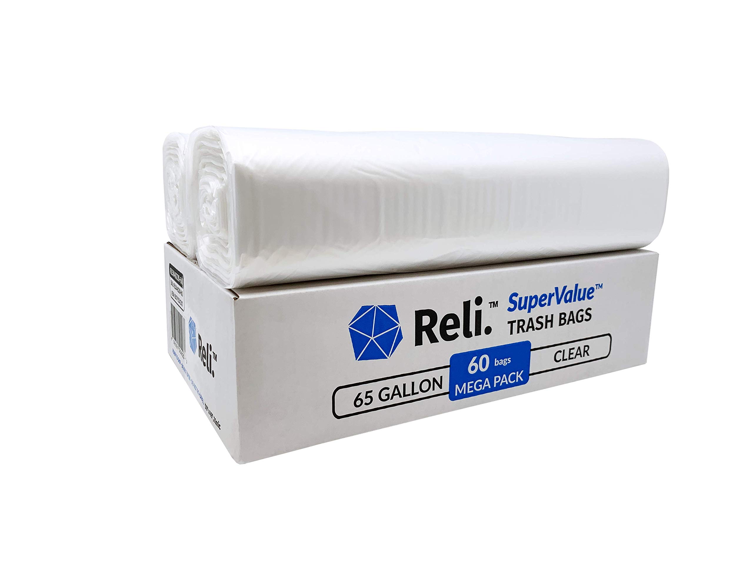 Reli. SuperValue 65 Gallon Heavy Duty Trash Bags - 60 Count | Clear Multi-Use Garbage Bags | Made in USA | Perfect for Large Kitchen, Office, and Outdoor Waste Disposal