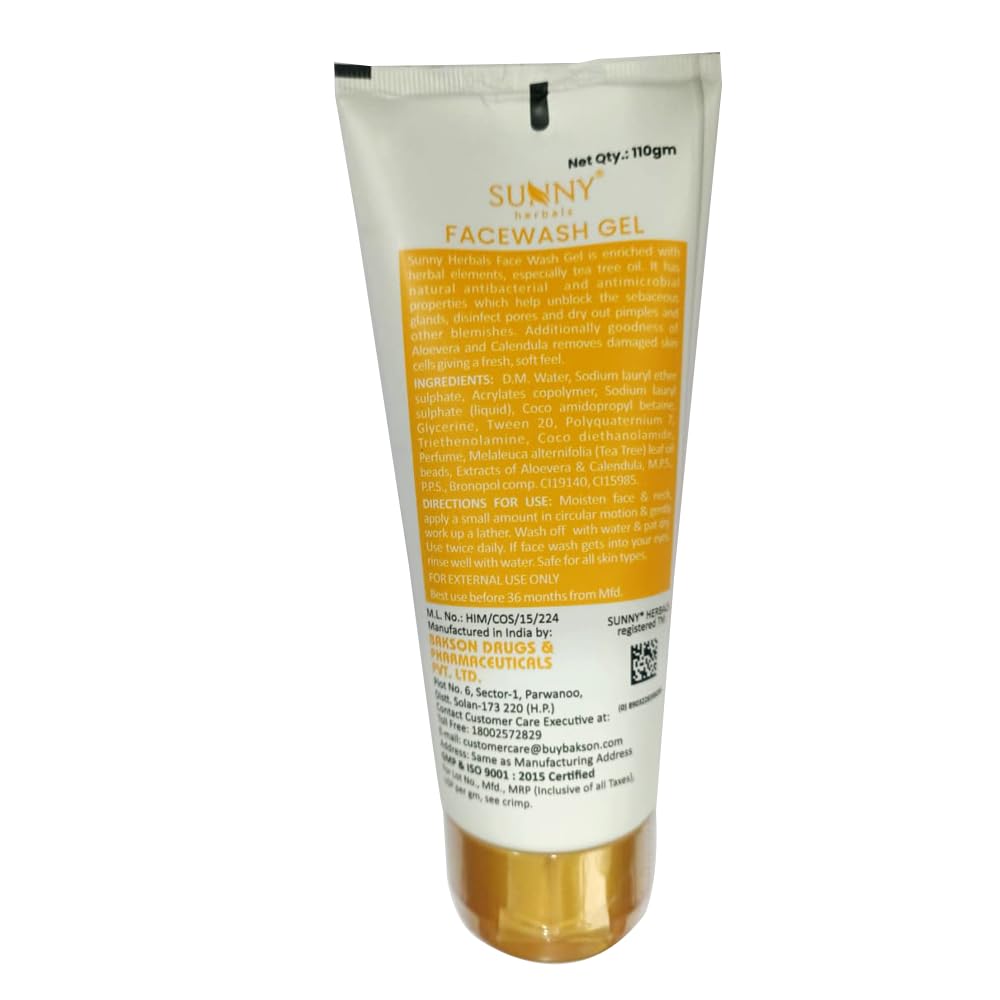 Sunny Herbals Aloe Vera & Calendula Face Wash Gel with Tea Tree Oil - Deep Cleansing for Acne Treatment & Skin Renewal - 110gm | Gentle Daily Cleanser for Oily, Sensitive & Acne-Prone Skin