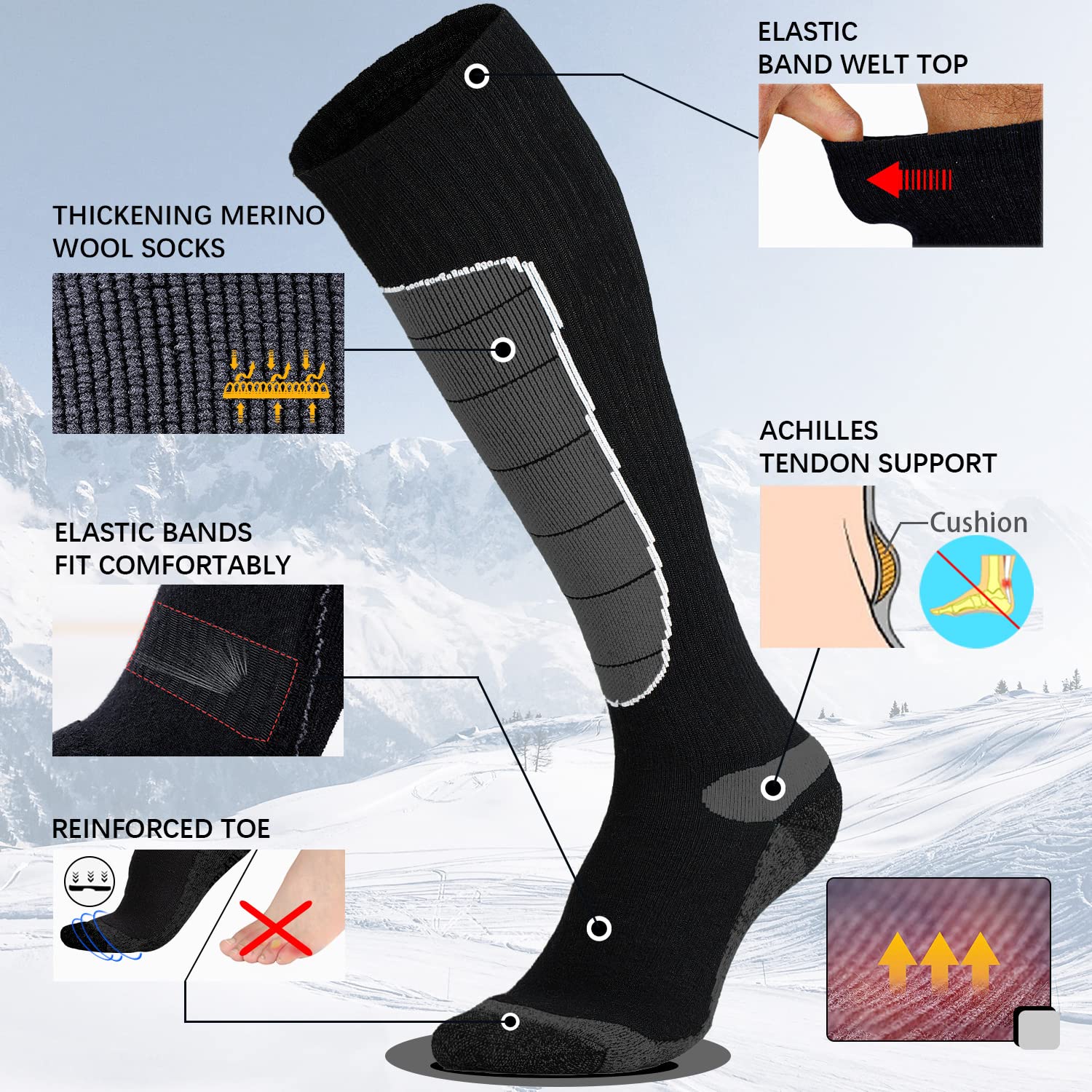 Hylaea Merino Wool Ski Socks - Thermal Knee-High Warm Socks for Snowboarding, Skiing & Winter Sports | Cold Weather Hiking & Hunting Socks | Moisture-Wicking & Odor-Resistant for All-Day Comfort