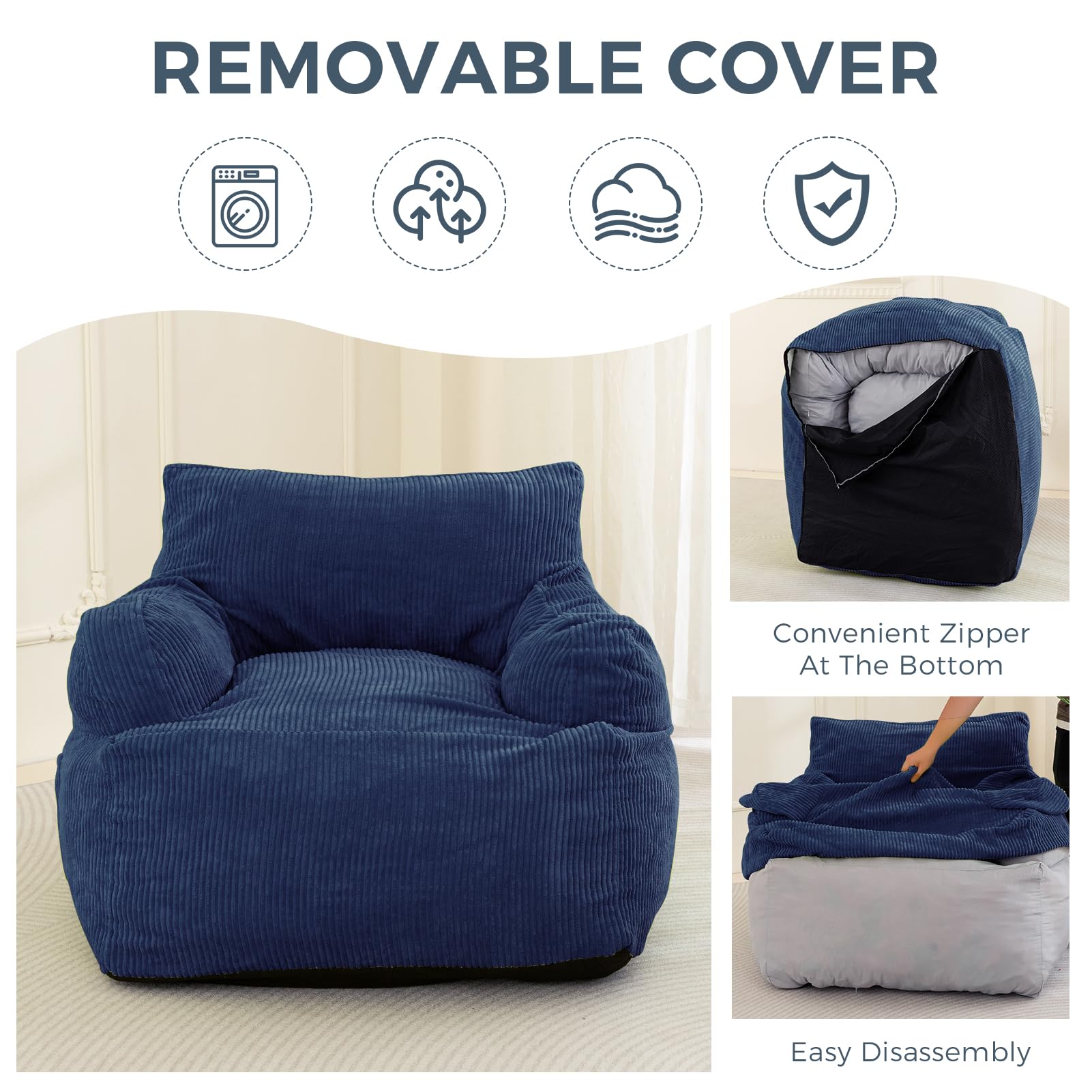 MAXYOYO Giant Bean Bag Chair - Oversized Stuffed Bean Bag Couch for Living Room, Bedroom & Game Room - Navy Blue Comfortable Lounge Seating for Adults & Teens