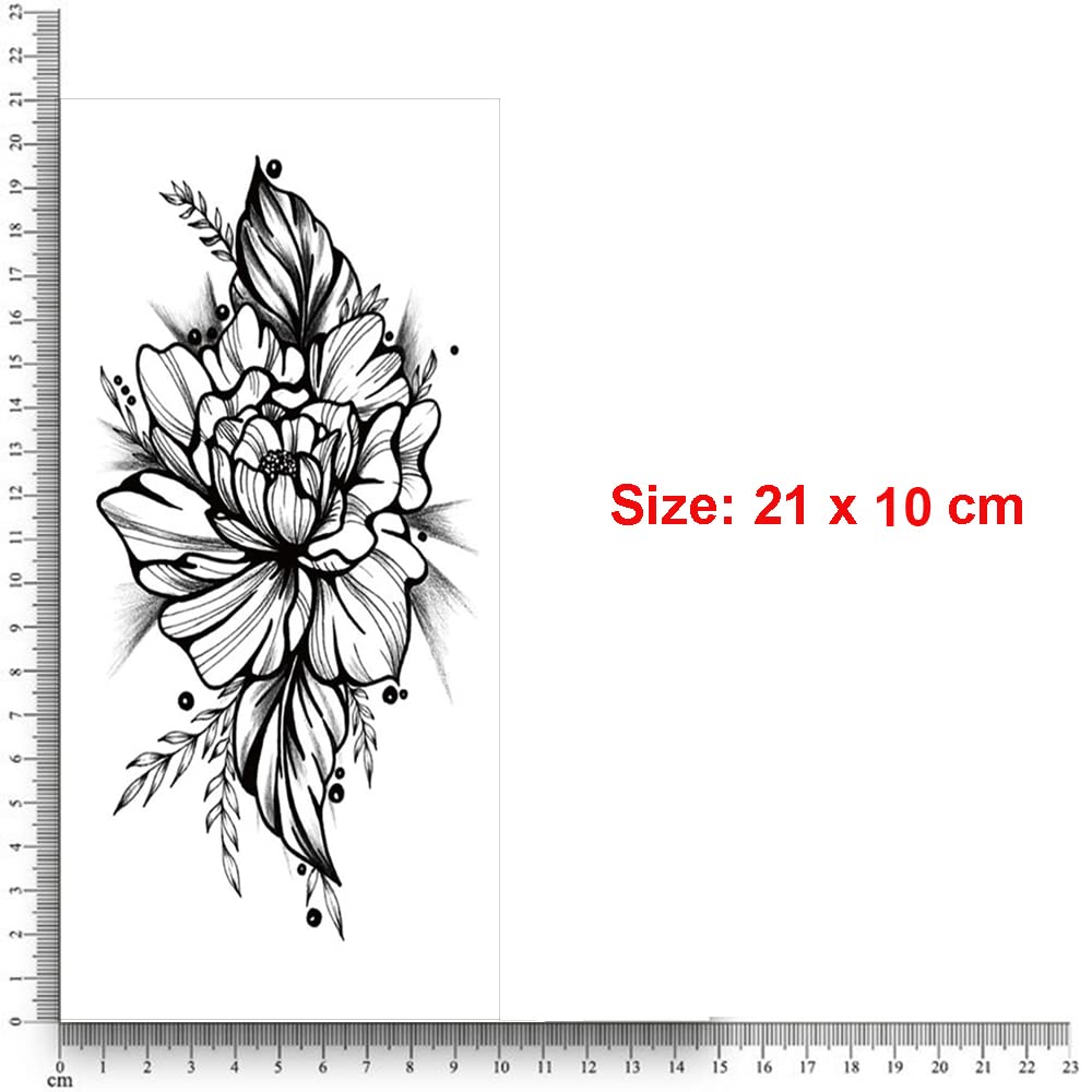 Beautiful Black Temporary Tattoo Stickers for Women - Large Flower with Leaves Design (21x10cm) | Fake Tattoos for Girls | Perfect for Parties, Festivals & Summer Style