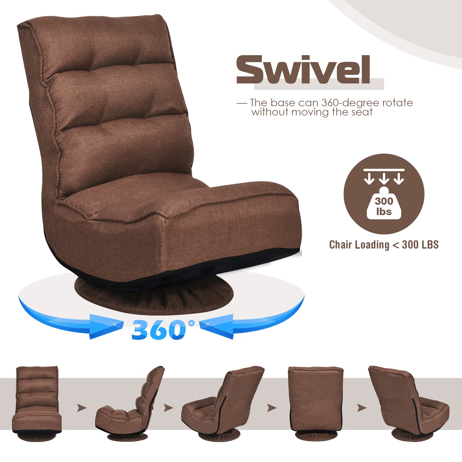 COSTWAY Folding Floor Chair - Adjustable 5-Position Gaming & Lounge Chair with 360° Swivel, Removable Cover & Padded Backrest - Multi-Purpose Seating for Living Room, TV Watching, Reading & Gaming - Perfect for Small Spaces, Dorm Rooms & Coffee Breaks