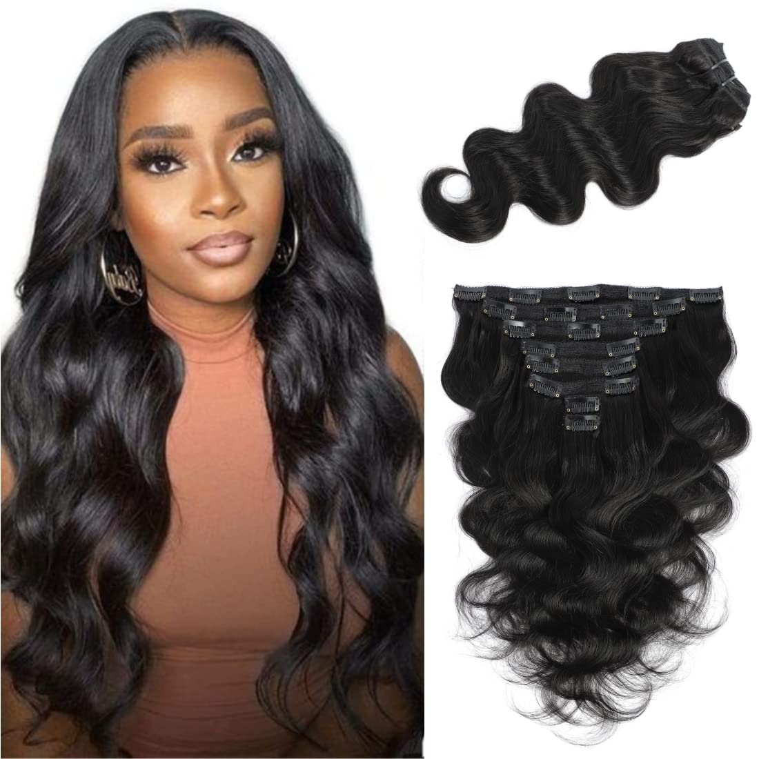 LUMIERE 18 Inch Body Wave Clip In Hair Extensions - 8Pcs Glueless Human Hair Extensions for Black Women, 120g Grade 10A Brazilian Remy Hair, Double Wefts Thick & Soft - Perfect for Daily Wear, Parties & Special Occasions