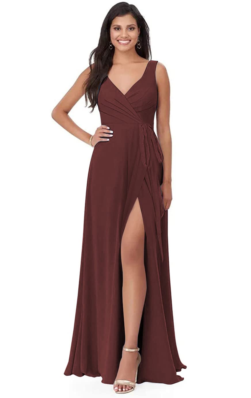 Elegant Split V-Neck Chiffon Bridesmaid Dress - Long A-Line Formal Evening Gown with Pleated Skirt & Waist Belt | Perfect for Weddings, Proms & Special Occasions