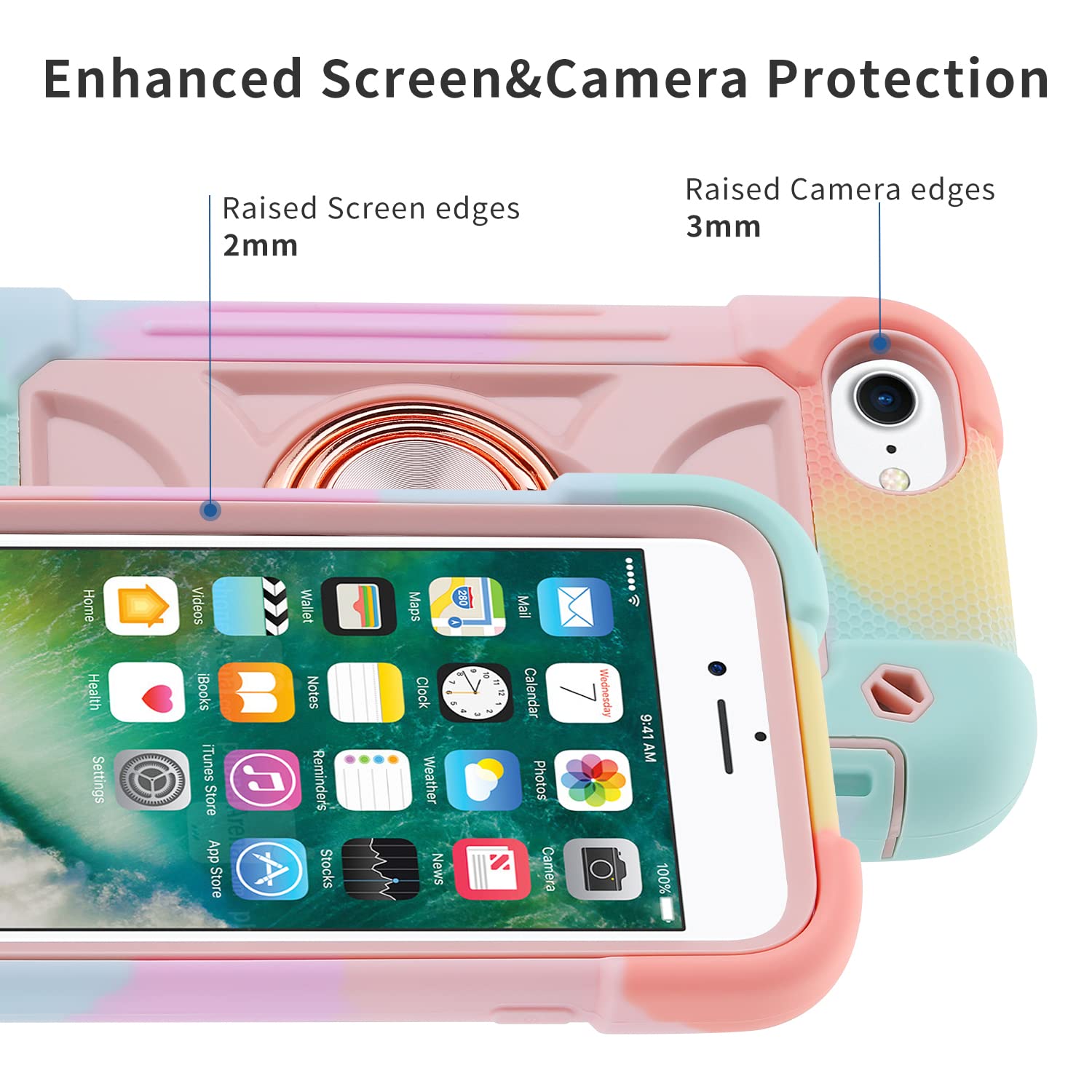 MARKILL Heavy-Duty Military Grade Shockproof Phone Case Compatible with iPhone SE 3/SE 2/6/6S/7/8 (4.7 Inch) - Built-in Ring Stand, Rainbow Pink Protective Cover for Kids & Girls - Perfect for Outdoor Activities, School & Daily Use