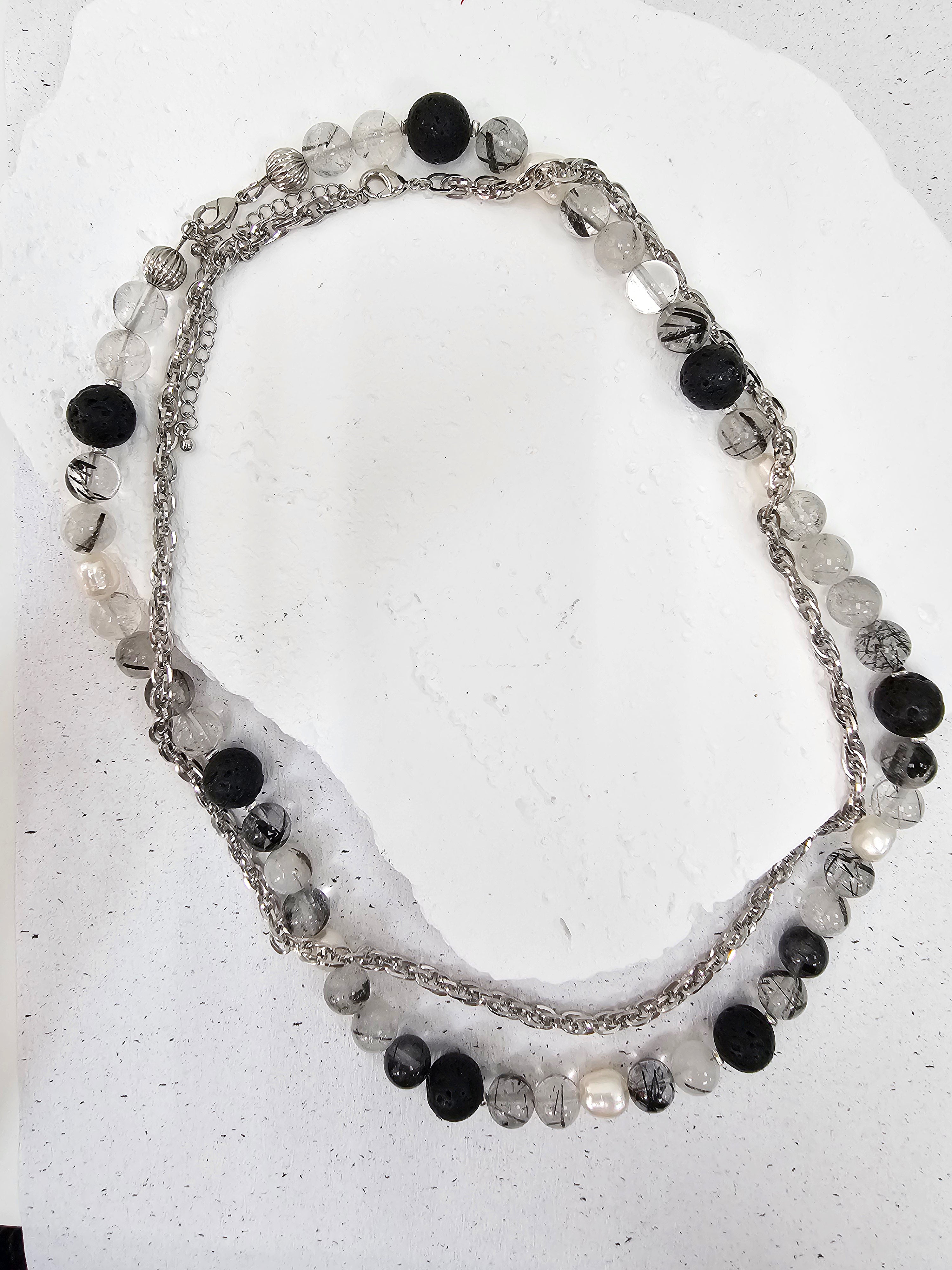 Black Rutilated Quartz Necklace with Lava Stone & Pearls for Men - Spiritual Healing Jewelry, Chakra Balancing, Meditation & Gift for Him