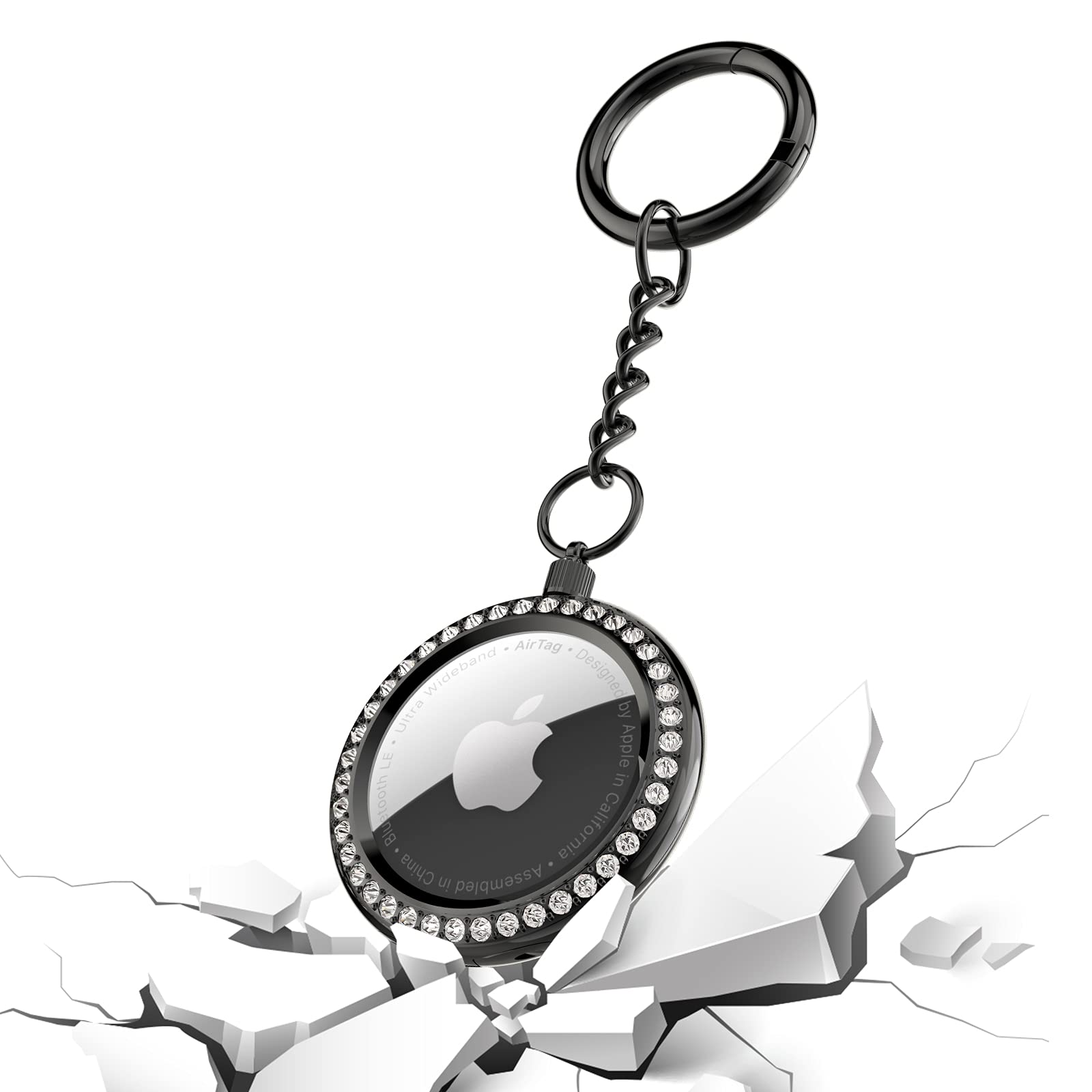 Amulet Key Ring for AirTag - Black Metal Rhinestone Protective Keychain Holder for Apple AirTag GPS Tracker - Secure Accessory for Luggage, Pets, Keys (1 Pack) - Perfect for Travel, Pet Tracking & Everyday Use