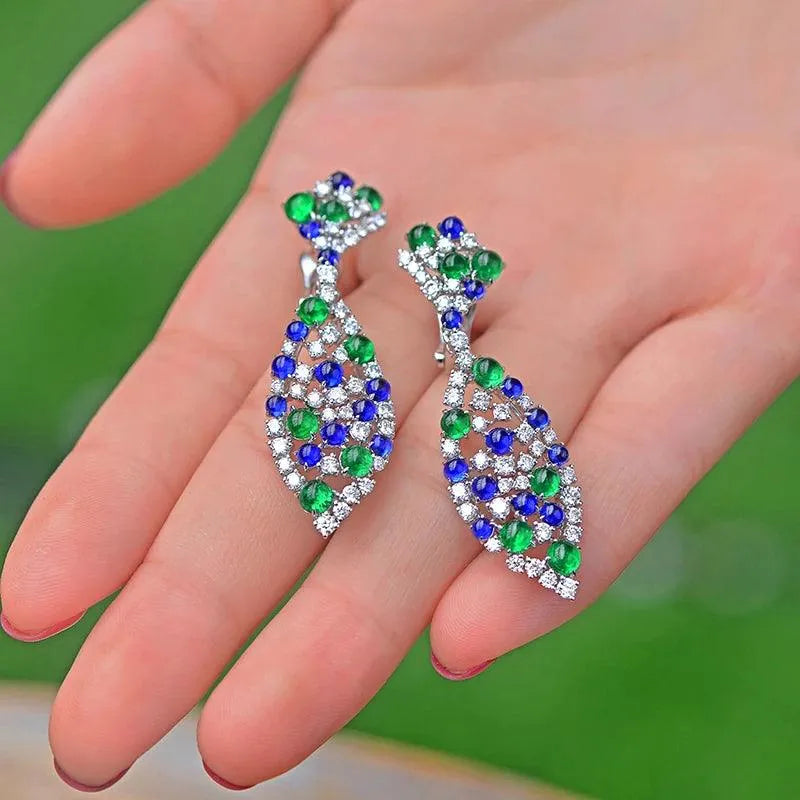 Natural 9.28ctw Cabochon Round Sapphire Emerald Diamond Earrings in 18K Gold - Vintage English Lock Design for Women - Perfect for Weddings, Parties & Special Occasions