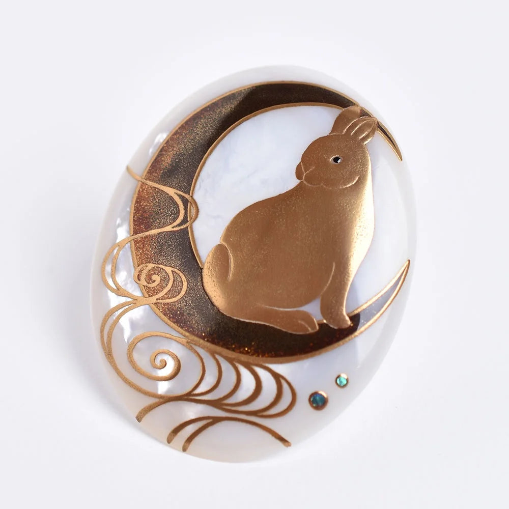 Handcrafted Maki-e Urushi Lacquer Brooch with White South Sea Pearl Shell - Rabbit Design Japanese Traditional Jewelry for Women, Gift for Pearl Lovers, Perfect for Weddings & Special Occasions