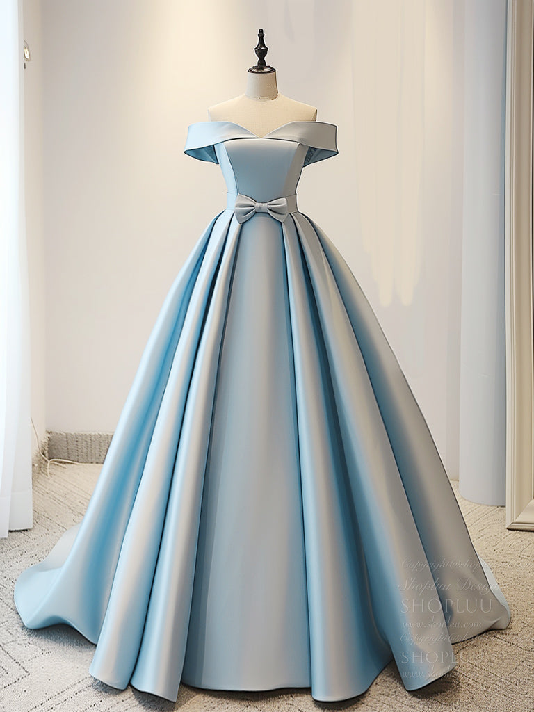 Elegant Off-Shoulder A-Line Satin Blue Long Prom Dress - Formal Evening Gown for Homecoming, Wedding & Special Occasions