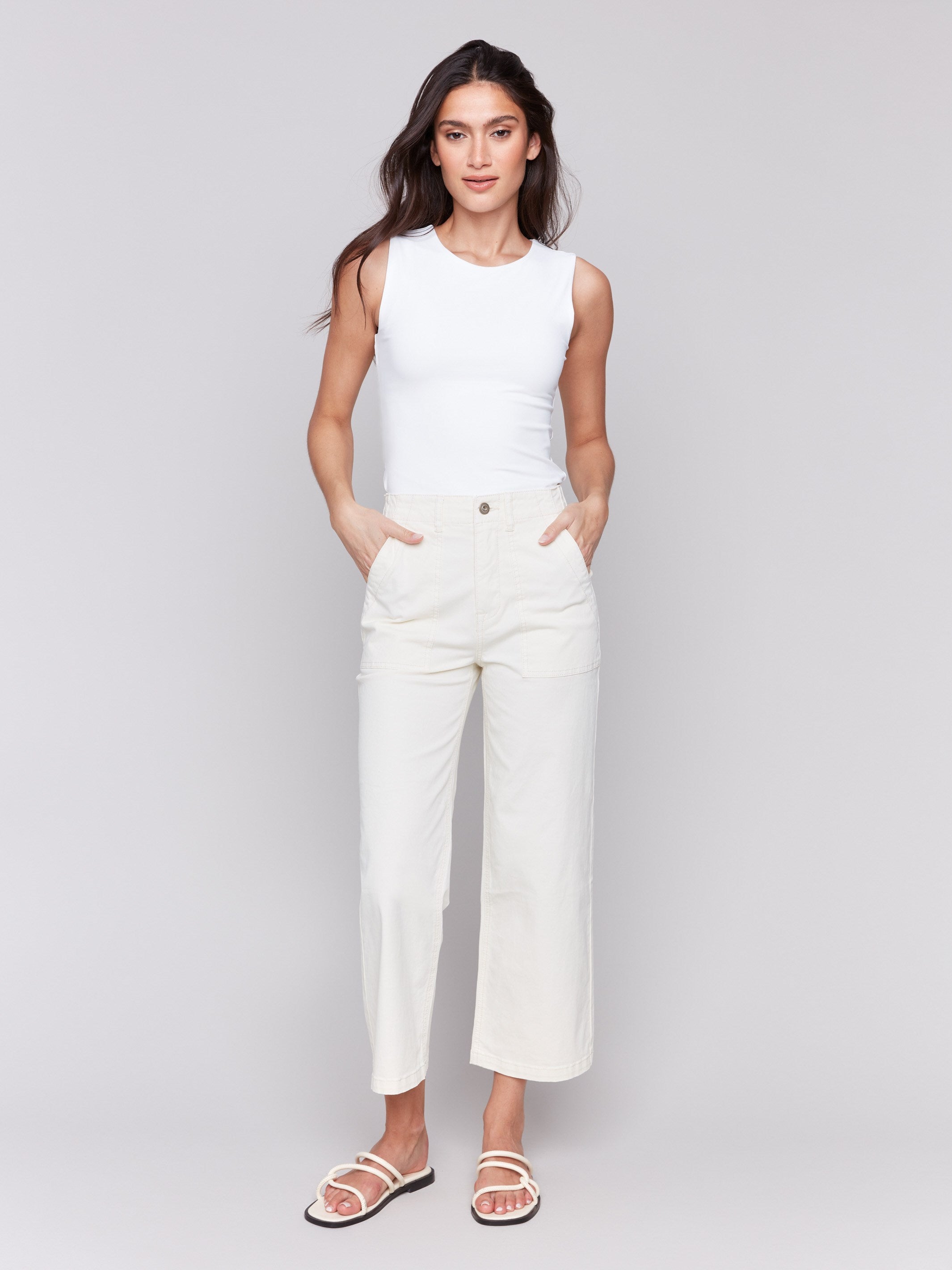 Cropped Utility Pocket Twill Pants for Women - High Waisted Casual Work Pants with Side Pockets - Natural Beige Color - Perfect for Office, Travel & Everyday Wear