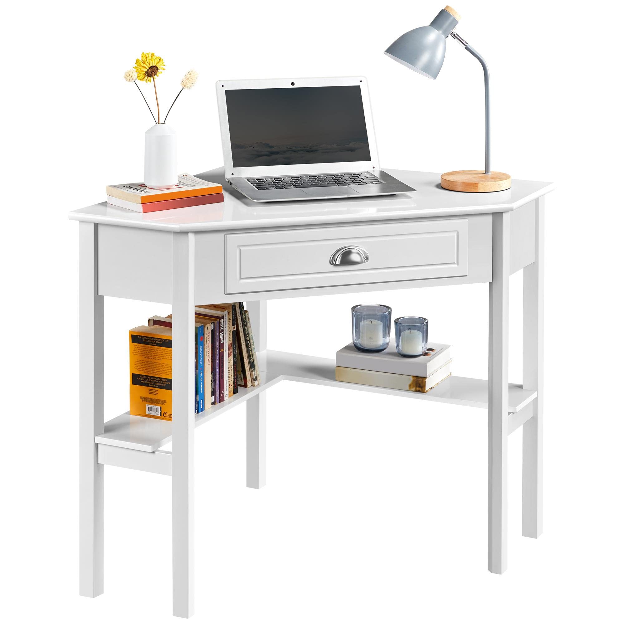 Yaheetech 90° Corner Computer Desk with Large Drawer & Storage Shelves, White Wooden L-Shaped Writing Table for Home Office & Small Spaces - Perfect for Workstations, Gaming Setups & Study Areas