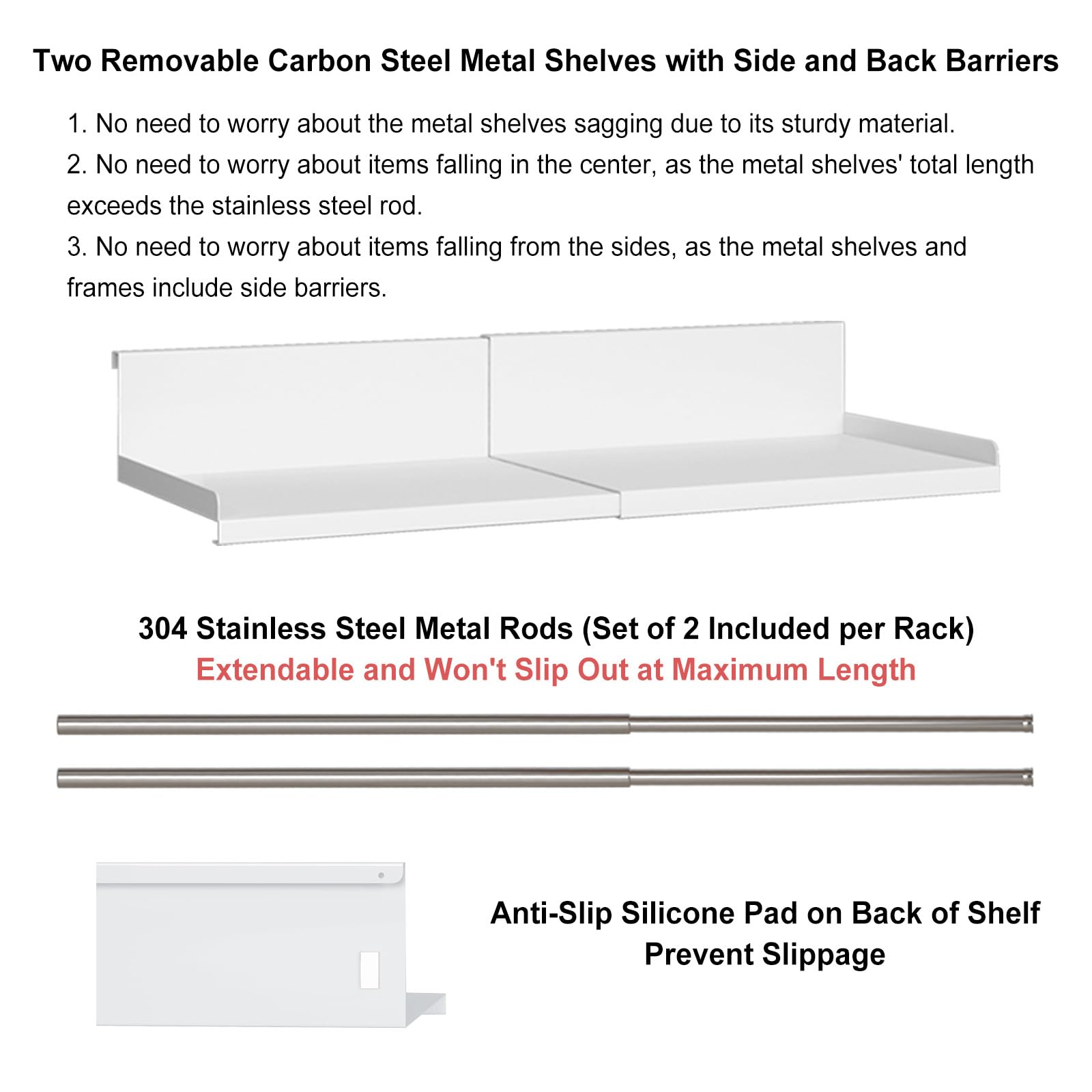 Heavy Duty Expandable Under Cabinet Shelf Organizer - 2 Pack White Under Shelf Storage Basket with 0.94-Inch Thick Clips (5.7