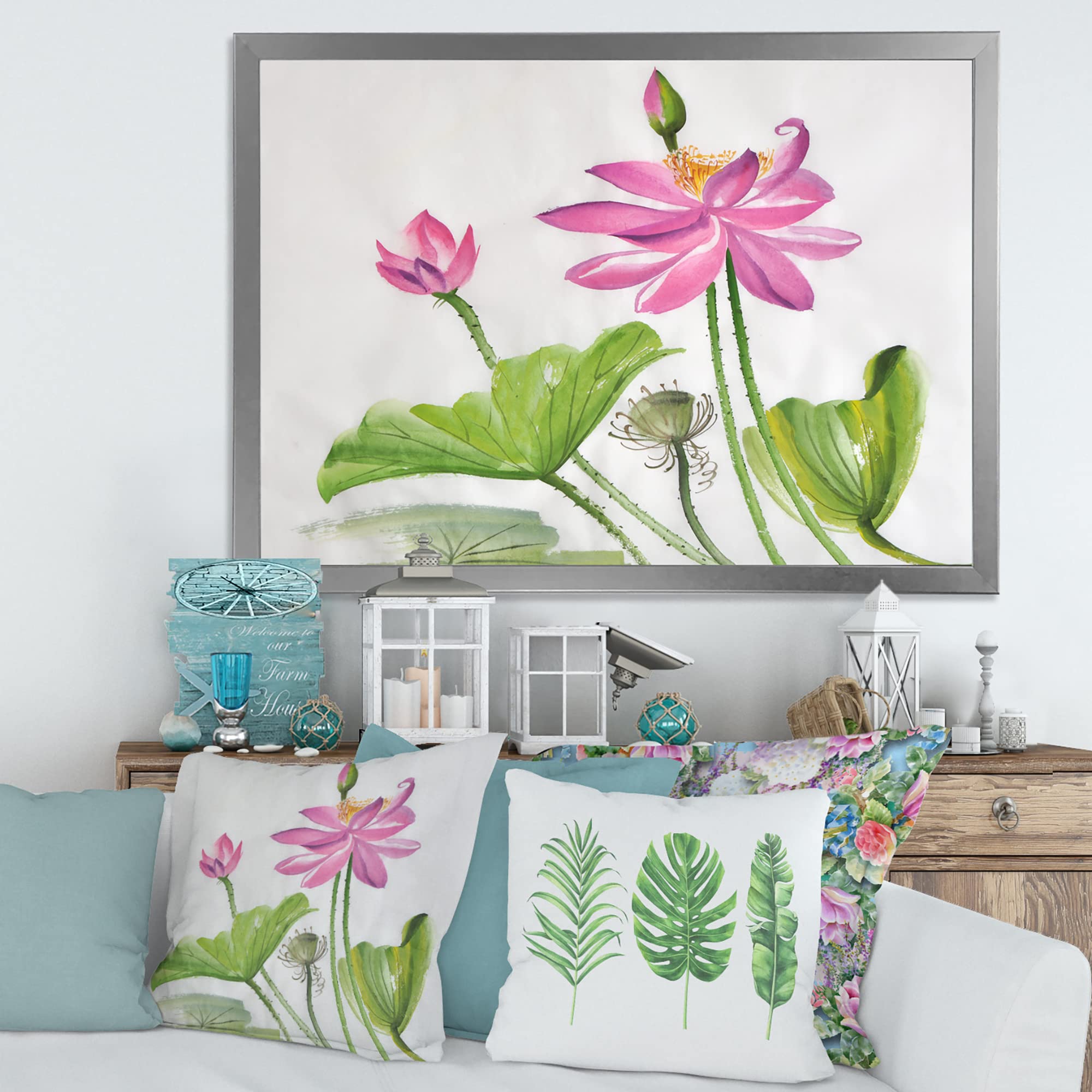 DesignQ Traditional Framed Wall Art - Two Pink Lotus Flowers Painting for Home Decor, Living Room, Bedroom & Office