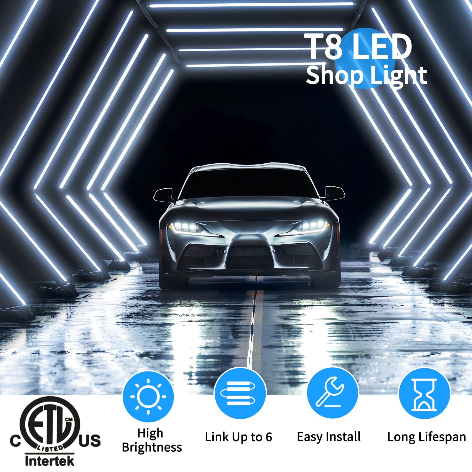 4-Pack Linkable 6FT LED Shop Lights for Garage - 60W T8 Integrated Tube Fixture, 8000LM Daylight White (6000K), V-Shape Clear Lens, Plug & Play - Perfect for Basements, Workshops, and Office Lighting