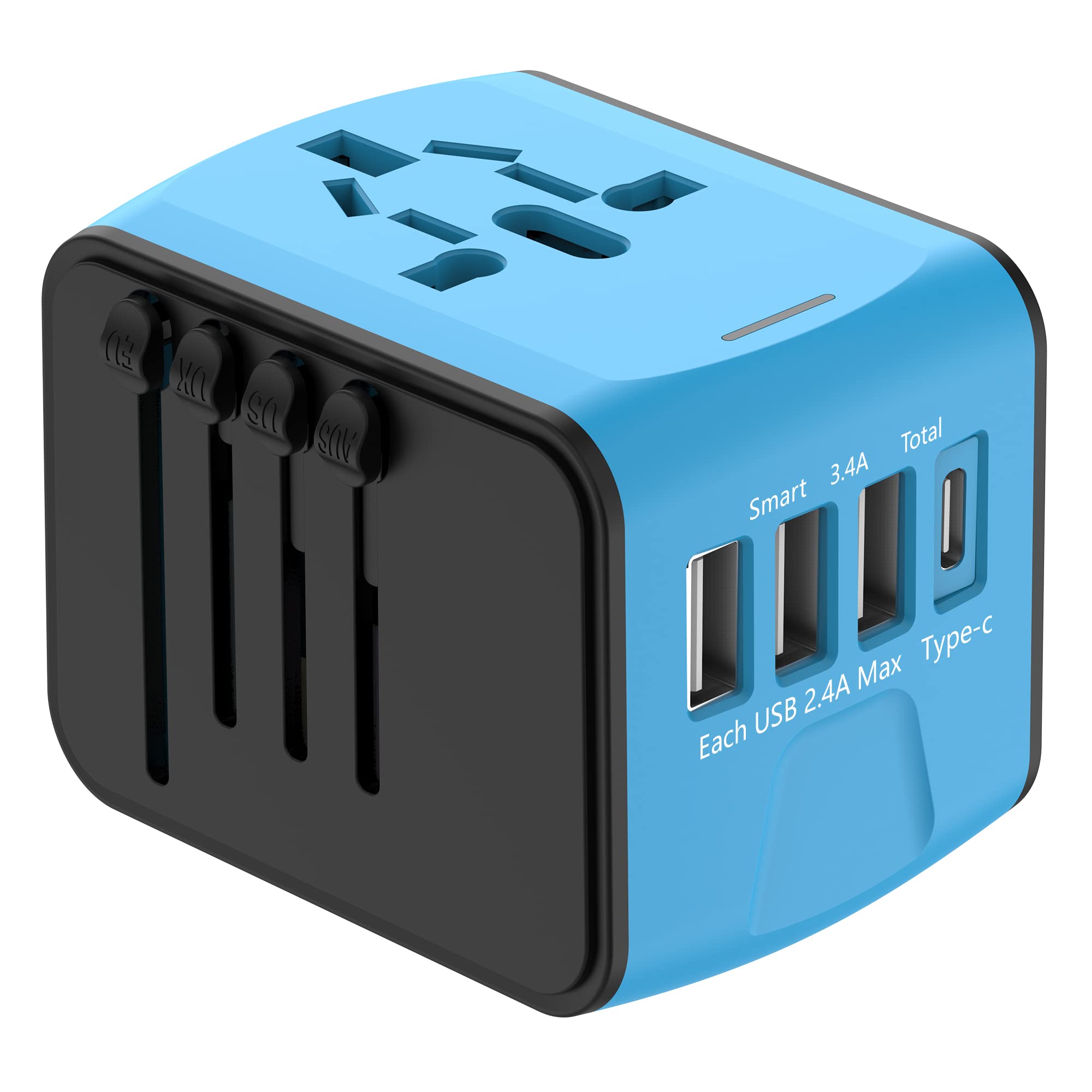 JMFONE Universal Travel Adapter with 4 USB Ports & Type-C - Worldwide AC Plug Charger for Europe, Italy, US & 170+ Countries - Fast 2.4A Charging - Perfect for Business Trips, Vacations & International Travel (Blue)