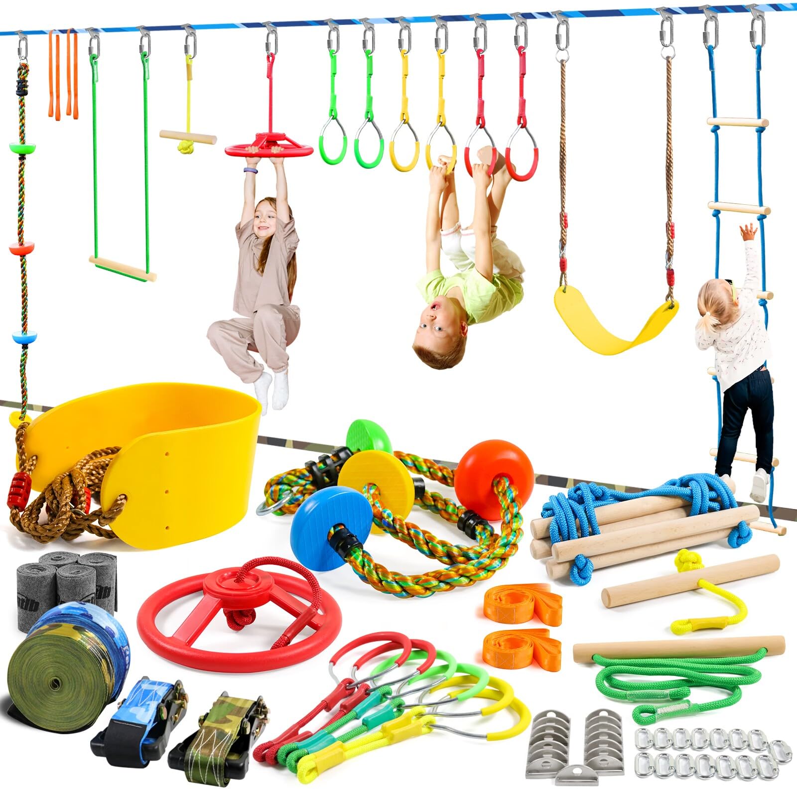Perantlb Ninja Warrior Obstacle Course for Kids - 50ft Slackline Kit with 12 Accessories (Swings, Rope Ladders, Rings) | Outdoor Backyard Play Set for Strength Training & Adventure Fun
