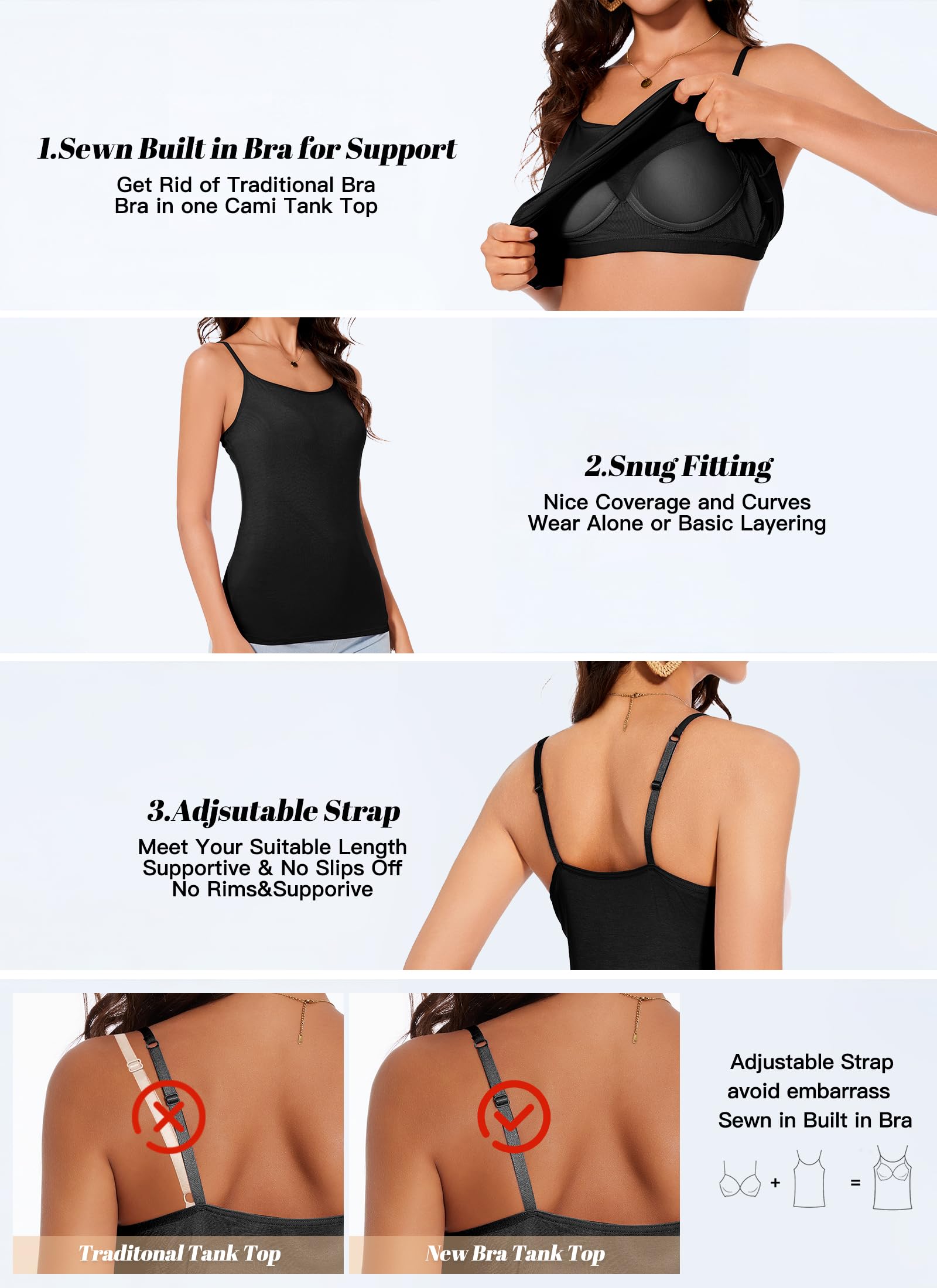 Women's Adjustable Strap Camisole with Built-in Padded Bra - Sleeveless Layering Tank Top (1/2/3 Pack) | Perfect for Summer Outfits, Yoga & Casual Wear