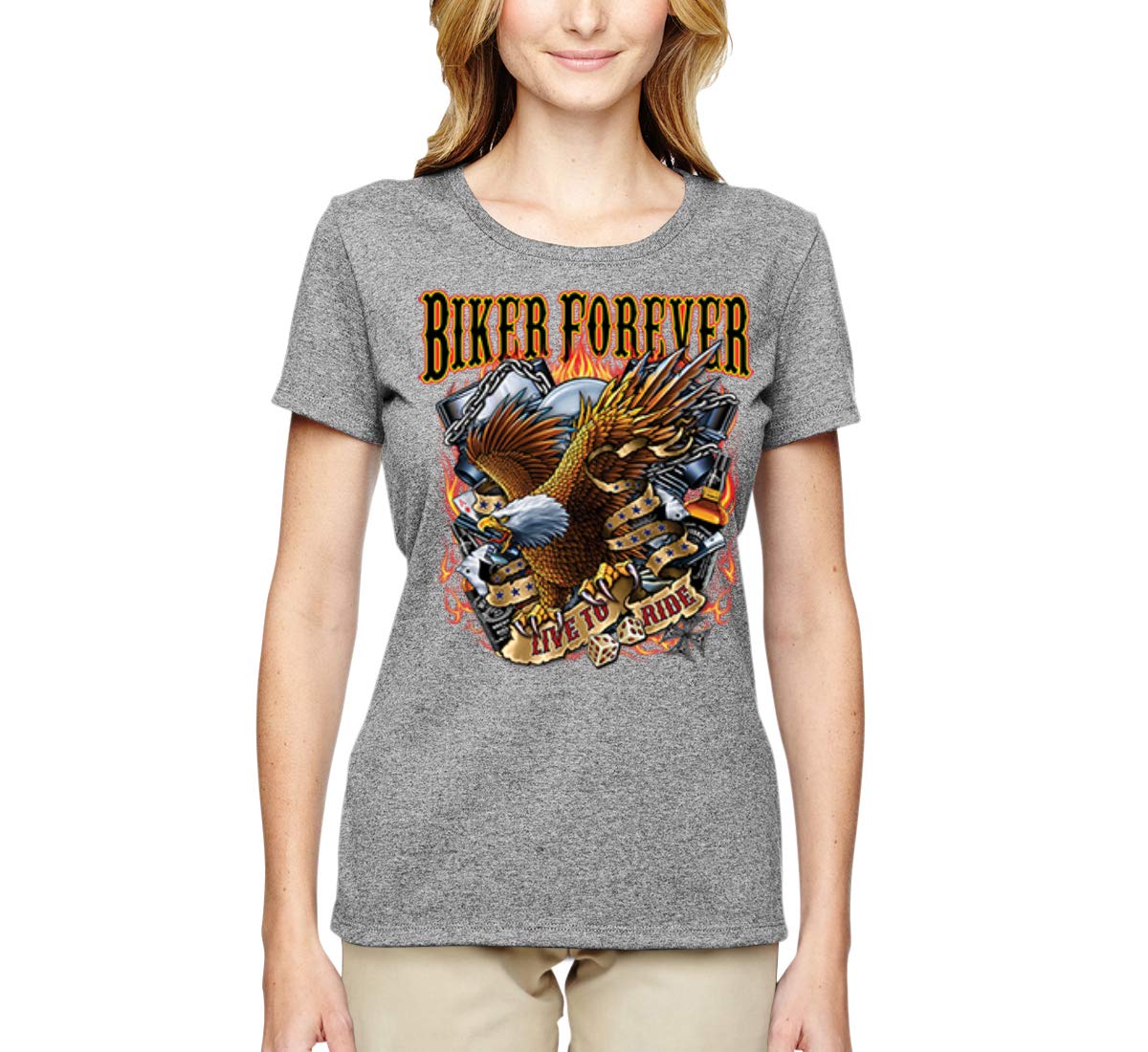 American Eagle Women's Biker Forever Graphic T-Shirt - Live to Ride Design for Motorcycle Enthusiasts | Perfect for Casual Wear, Road Trips & Biker Events