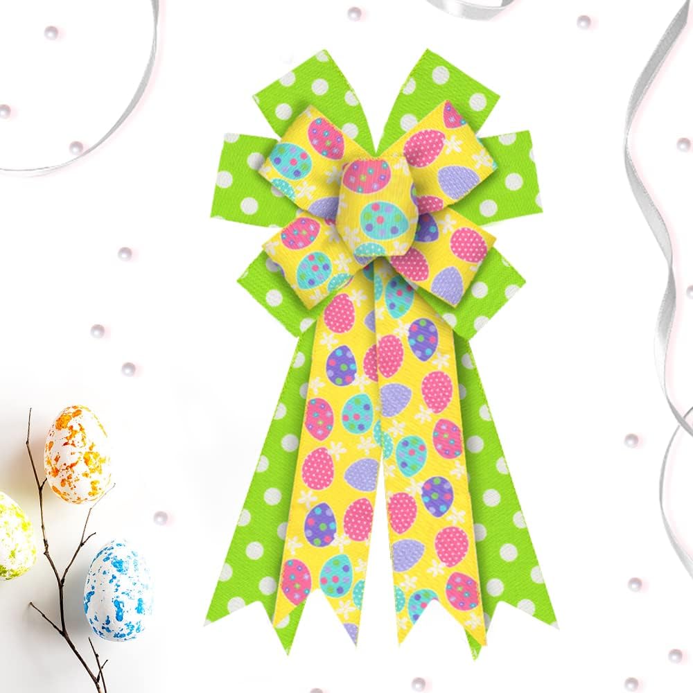 Easter Wreath Bows - Yellow Green Spots Burlap Ribbon for Wreaths & Easter Tree Decorations - Indoor/Outdoor Use