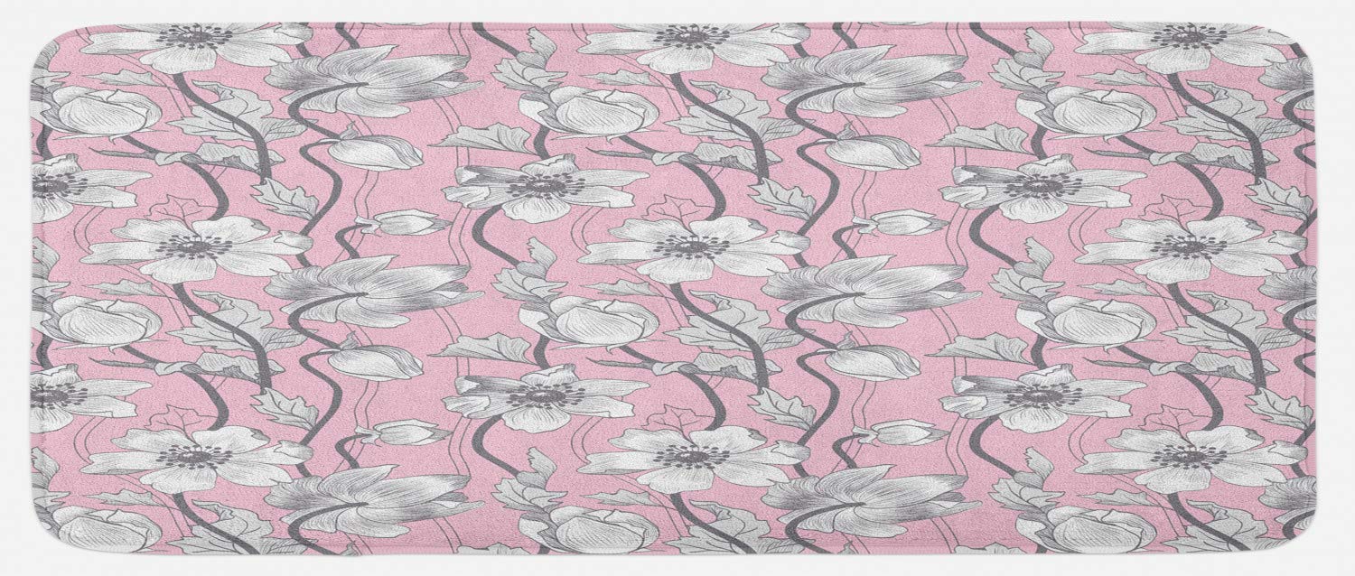 Ambesonne Non-Slip Kitchen Rug - Vintage Floral Anemone Design, Soft Plush Pink & Grey Decorative Mat (47