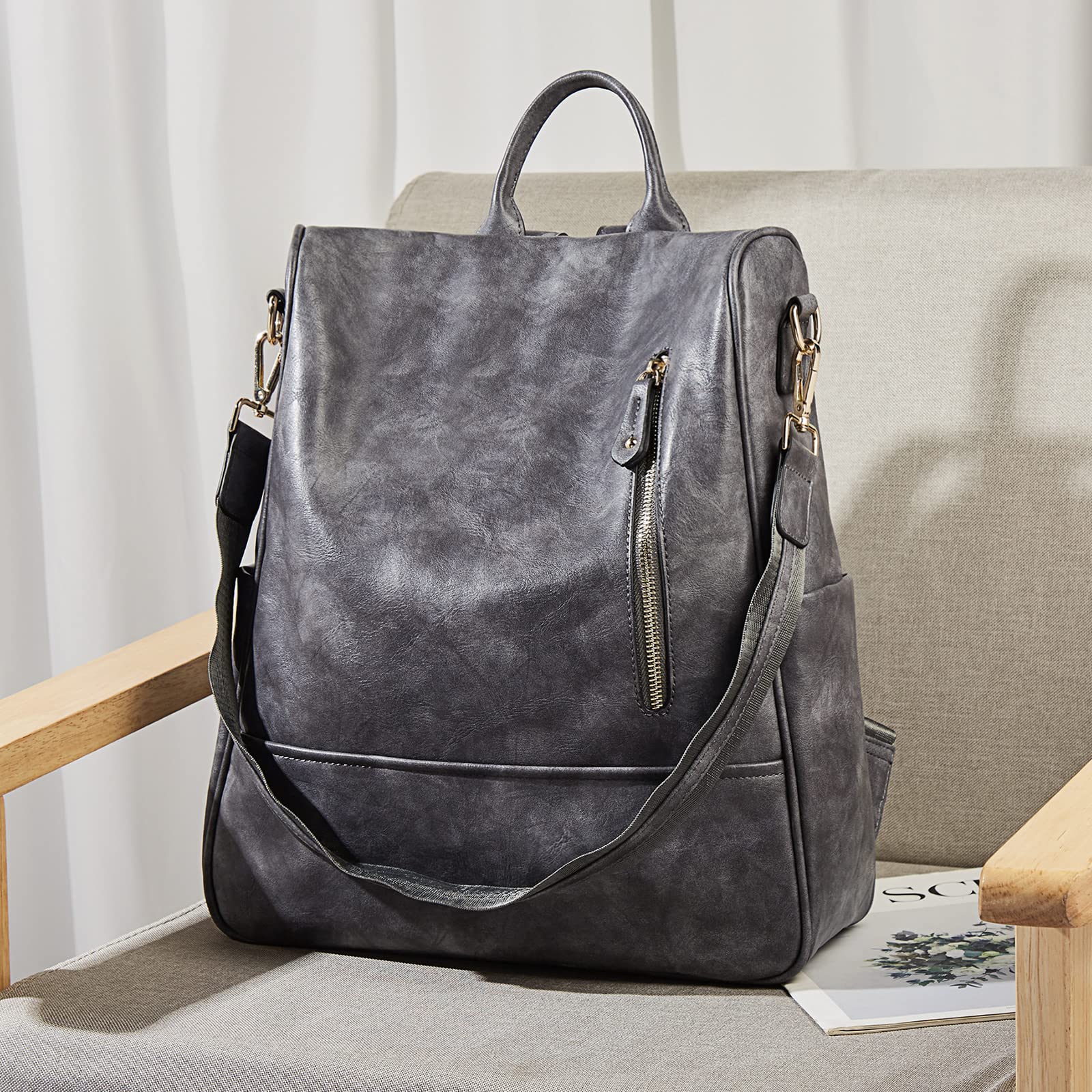 FOXLOVER Women's Leather Backpack Purse - Large Travel Backpack, Fashionable Designer Shoulder Bag for Women (Grey) - Perfect for Work, College, Travel & Everyday Use