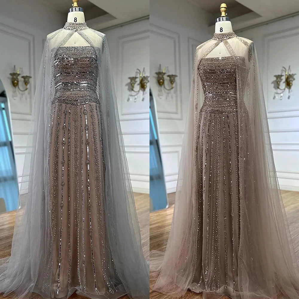 Elegant Beaded A-Line Evening Gown with Caramel Color - Perfect for Dubai Parties, Red Carpet Events & Formal Occasions | Style LA72873