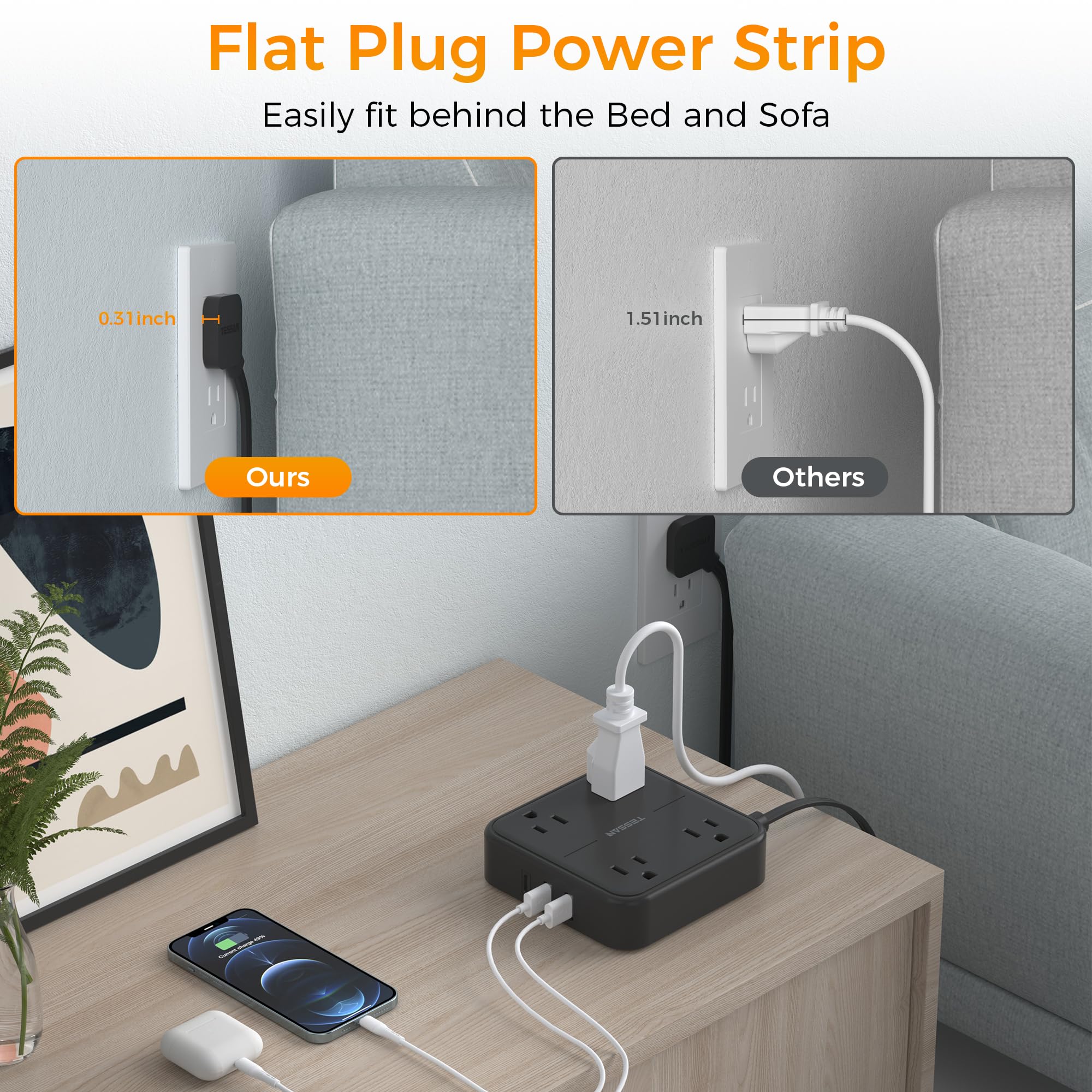TESSAN 10 FT Black Flat Extension Cord with 4 Outlets & 3 USB Ports (1 USB-C) - Ultra Thin Power Strip for Home, Office, Dorm | Mountable Space-Saving Design for Desks, Bedside & Behind Furniture