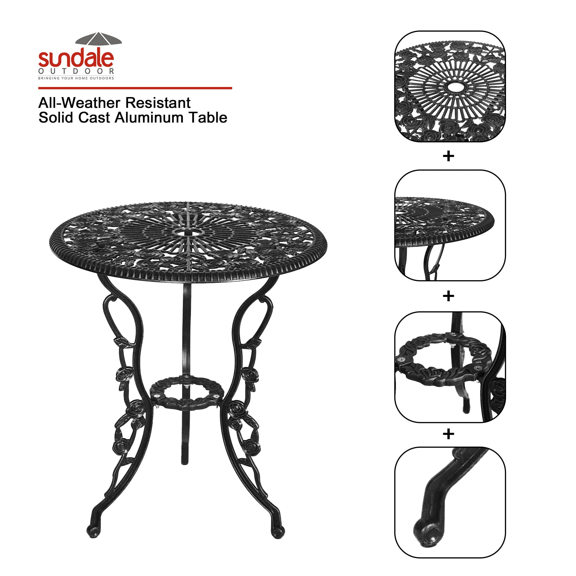 3-Piece Patio Bistro Set with Umbrella Hole - Durable Cast Aluminum Outdoor Table and Chairs for Balcony, Porch, Garden - Dark Brown - Perfect for Small Spaces, Morning Coffee & Outdoor Dining