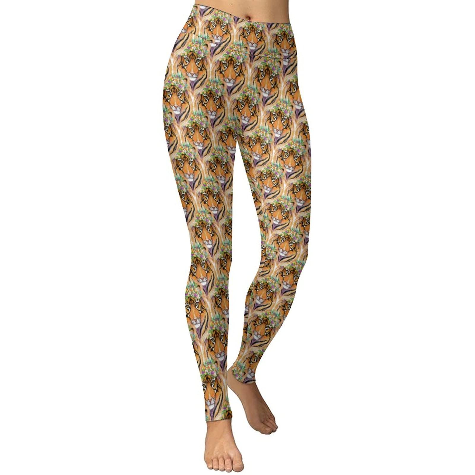 Floral Tiger Print High Waist Yoga Pants for Women - Soft Workout Leggings with Comfortable Wide Waistband for Yoga, Gym & Lounge Wear
