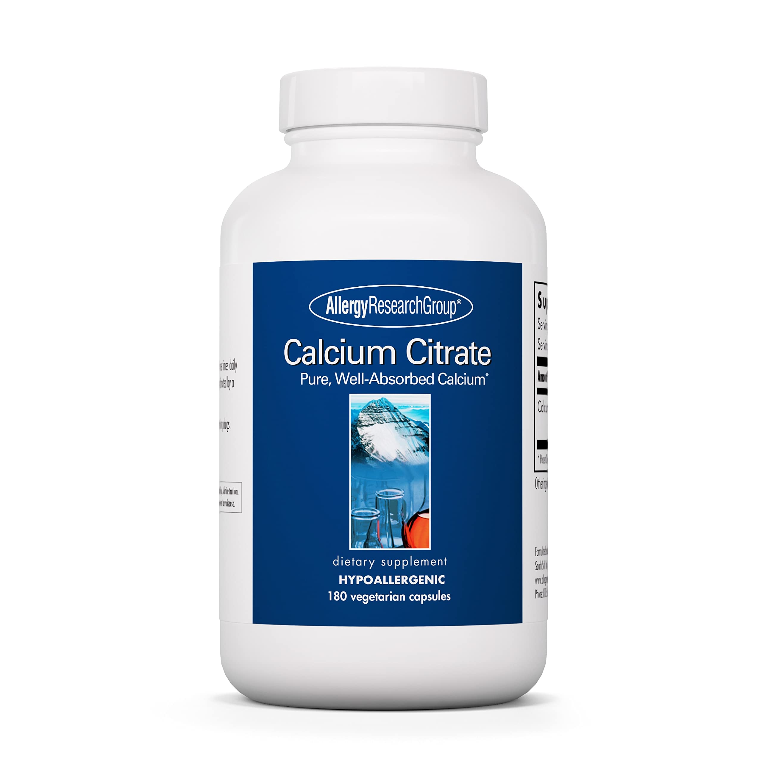 Allergy Research Group Calcium Citrate Supplement - 180 Vegetarian Capsules for Bone, Teeth, Muscle & Nerve Support | Supports Healthy Bones, Dental Health & Nervous System Function | Ideal for Adults, Seniors & Active Lifestyles