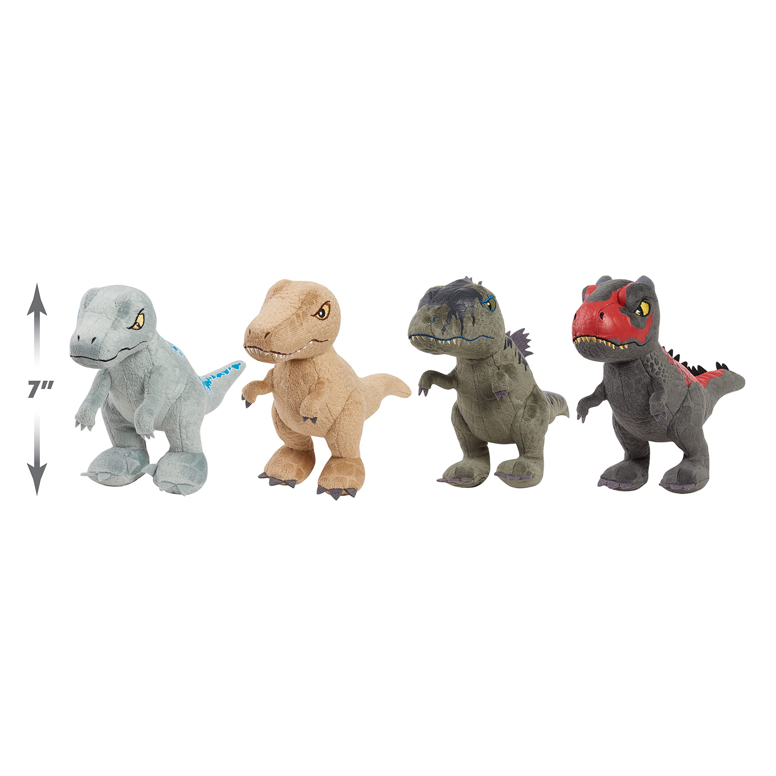 Just Play Jurassic World Plush Collector Set - 4 Pack 7 Inch Soft Dinosaur Stuffed Animals for Kids, Gift, Bedroom Decor & Playtime Fun