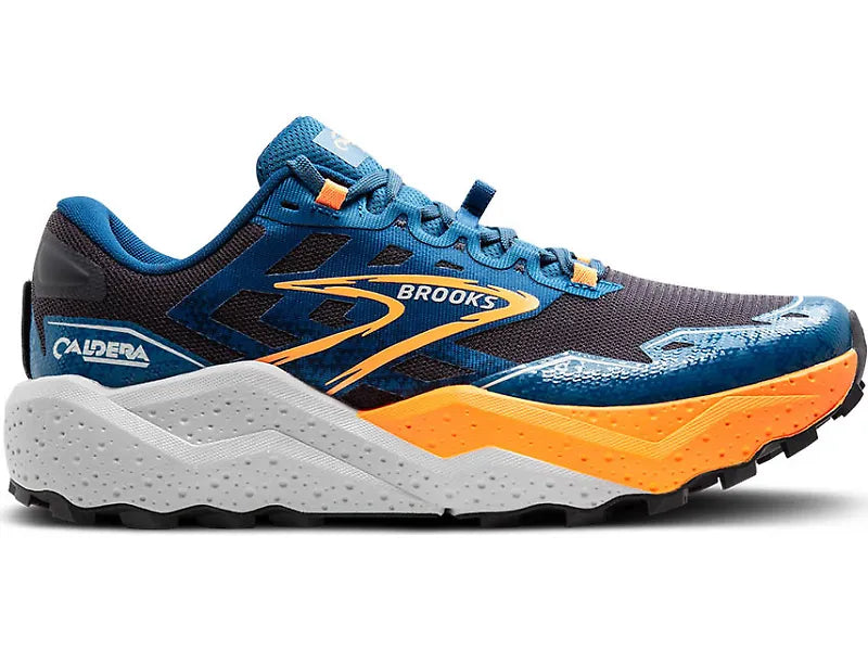 Brooks Caldera 7 Men's Trail Running Shoes - Ebony/Blue Sapphire/Orange - Size 7.5 D Medium - Lightweight Cushioned for Hiking & Outdoor Adventures