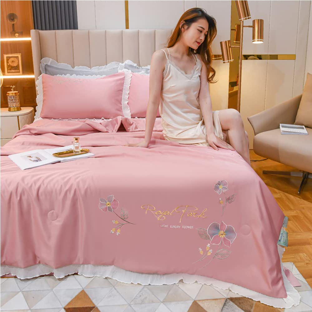 BEILA Tencel Summer Quilt - Reversible Lightweight Bedspread Coverlet, Ice Silk Air Conditioning Blanket, Washable Silky Cooling Comforter, Embroidered Thin Quilt, Full Size 70.8