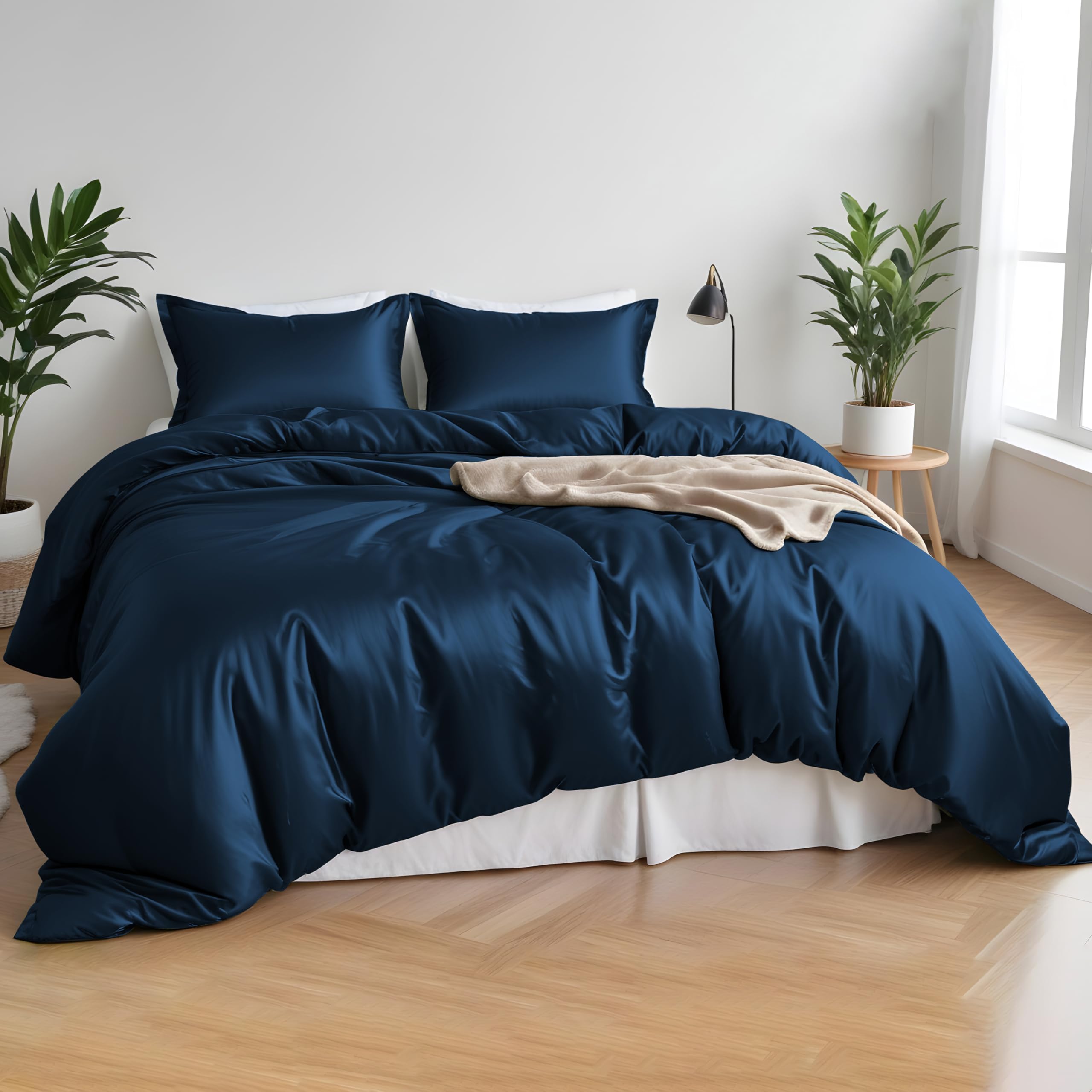 Premium Bamboo Viscose Duvet Cover Set California King Size - Ultra Soft, Breathable & Cooling Bedding with Zipper Closure & Corner Ties (Navy Blue) - Perfect for Hot Sleepers & Eco-Friendly Bedrooms