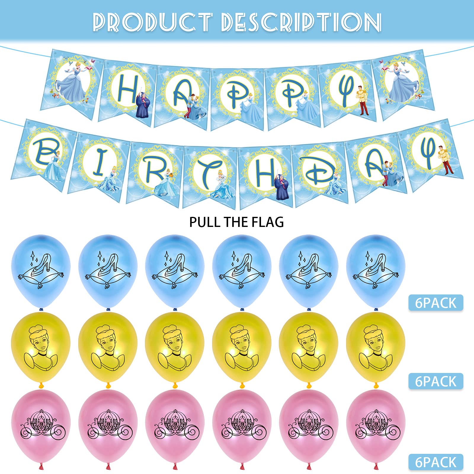 UINKI Cinderella Birthday Party Decorations Set - Princess Balloons, Banner, Cake Toppers & Swirls for Kids Fairy Tale Theme Party | Perfect for Birthday Celebrations, Baby Showers & Princess-Themed Events