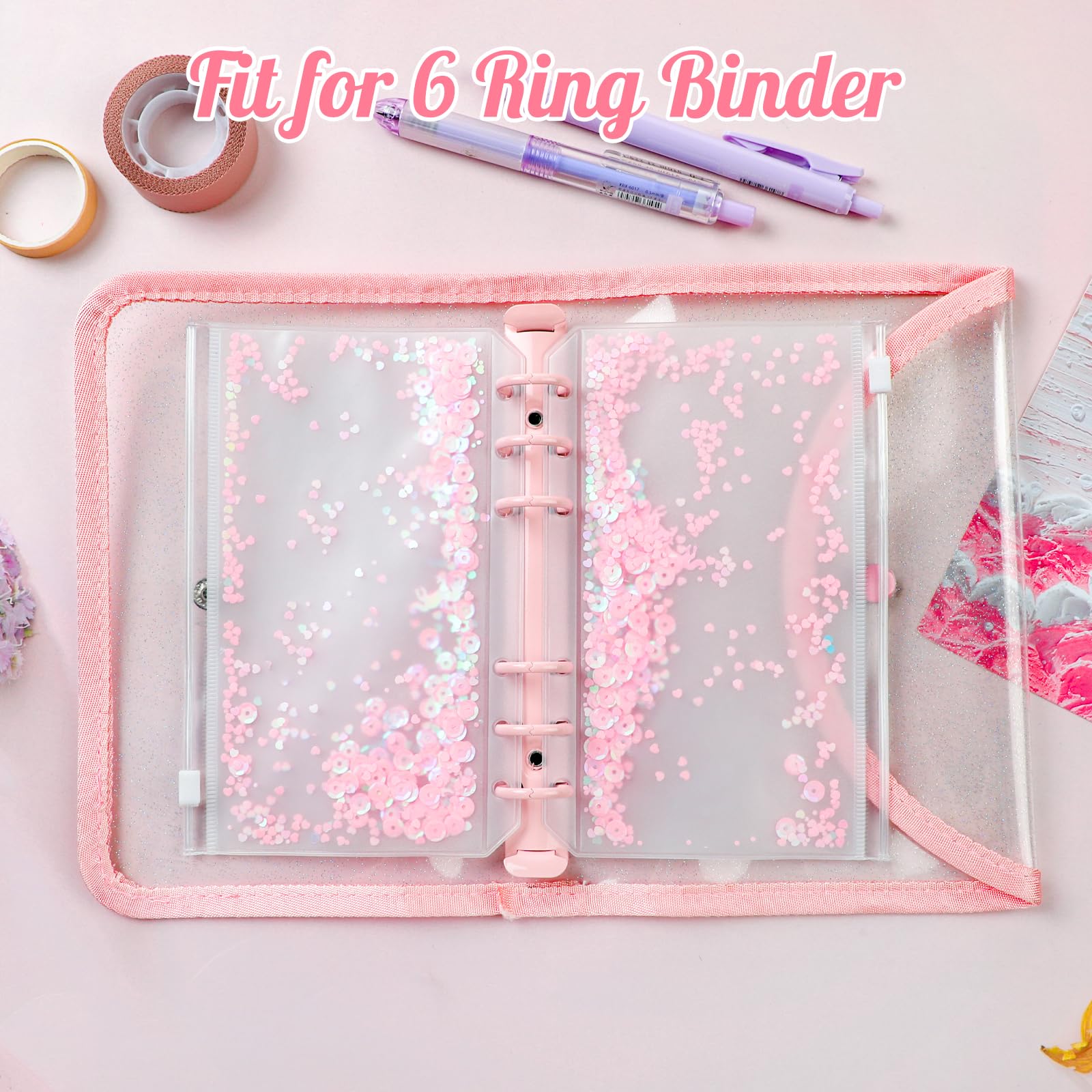 12-Piece A6 6-Ring Binder Pockets - Soft PVC Planner Organizer with Sequins, Zipper Pouches & Cash Envelopes for Budgeting, Filing & Document Storage - Perfect for 6-Ring Binders, Journals & Notebooks (Pink) - Ideal for Office, School & Home Organization
