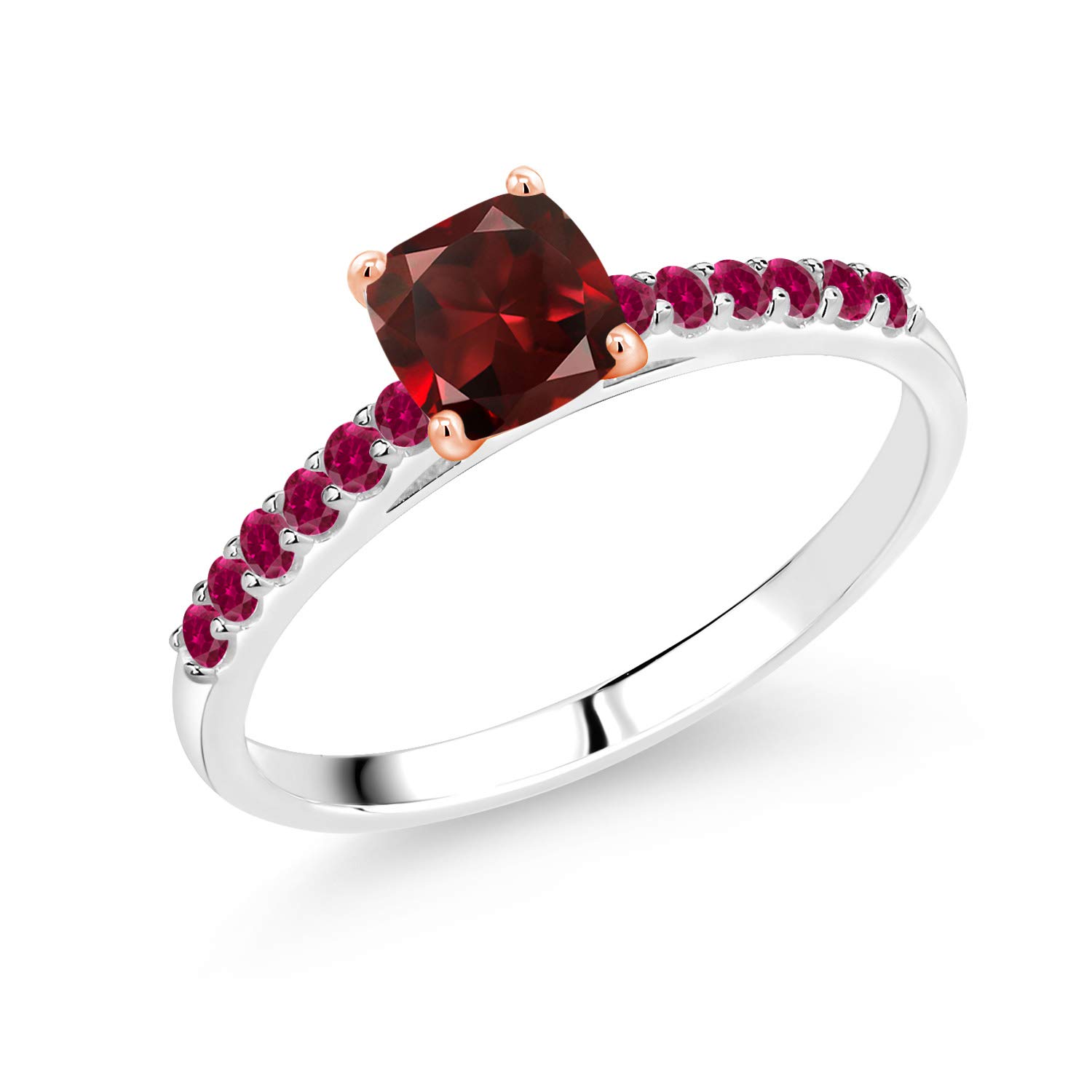 0.98Ct Genuine Red Garnet & Created Ruby 10K White Gold Ring with Rose Gold Prongs - Elegant Birthstone Jewelry for Women, Perfect for Valentine's Day, Anniversary & Special Occasion Gifts